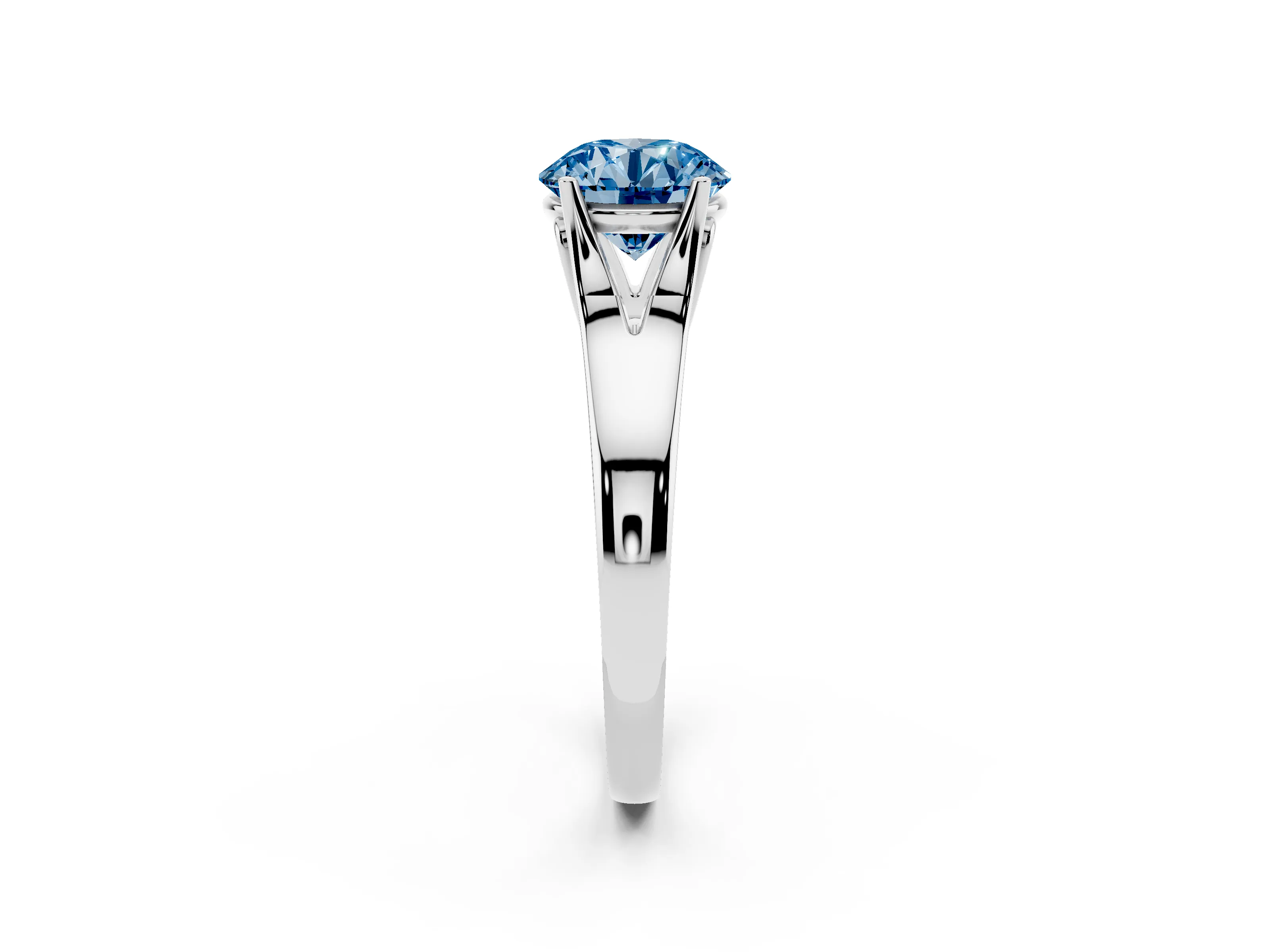 Fancy Blue Round Cut Diamond Solitaire Ring Set in White gold with Arched Cathedral Band and Prong Setting