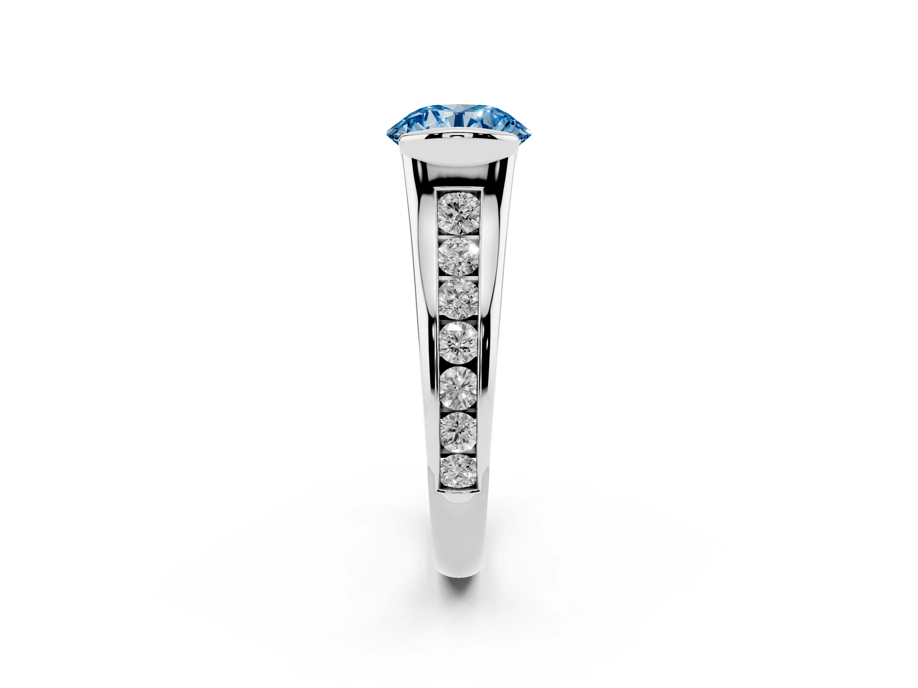Fancy Blue Round Cut Diamond Bezel-Set Solitaire Ring Set in White gold with Channel-Set Band