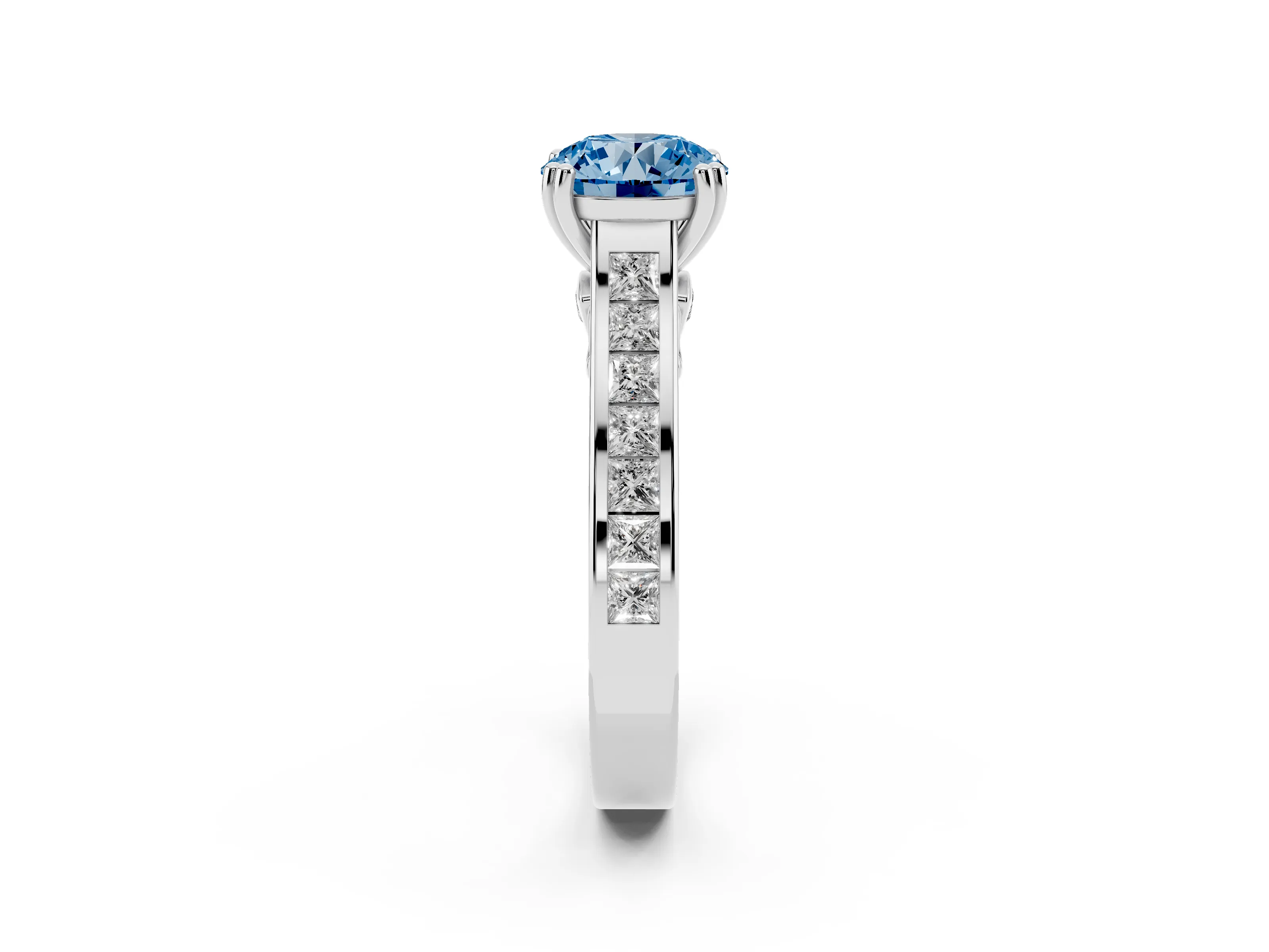 Fancy Blue Round Cut Diamond Channel Set Solitaire Engagement Ring Set in Platinum with Prong Setting