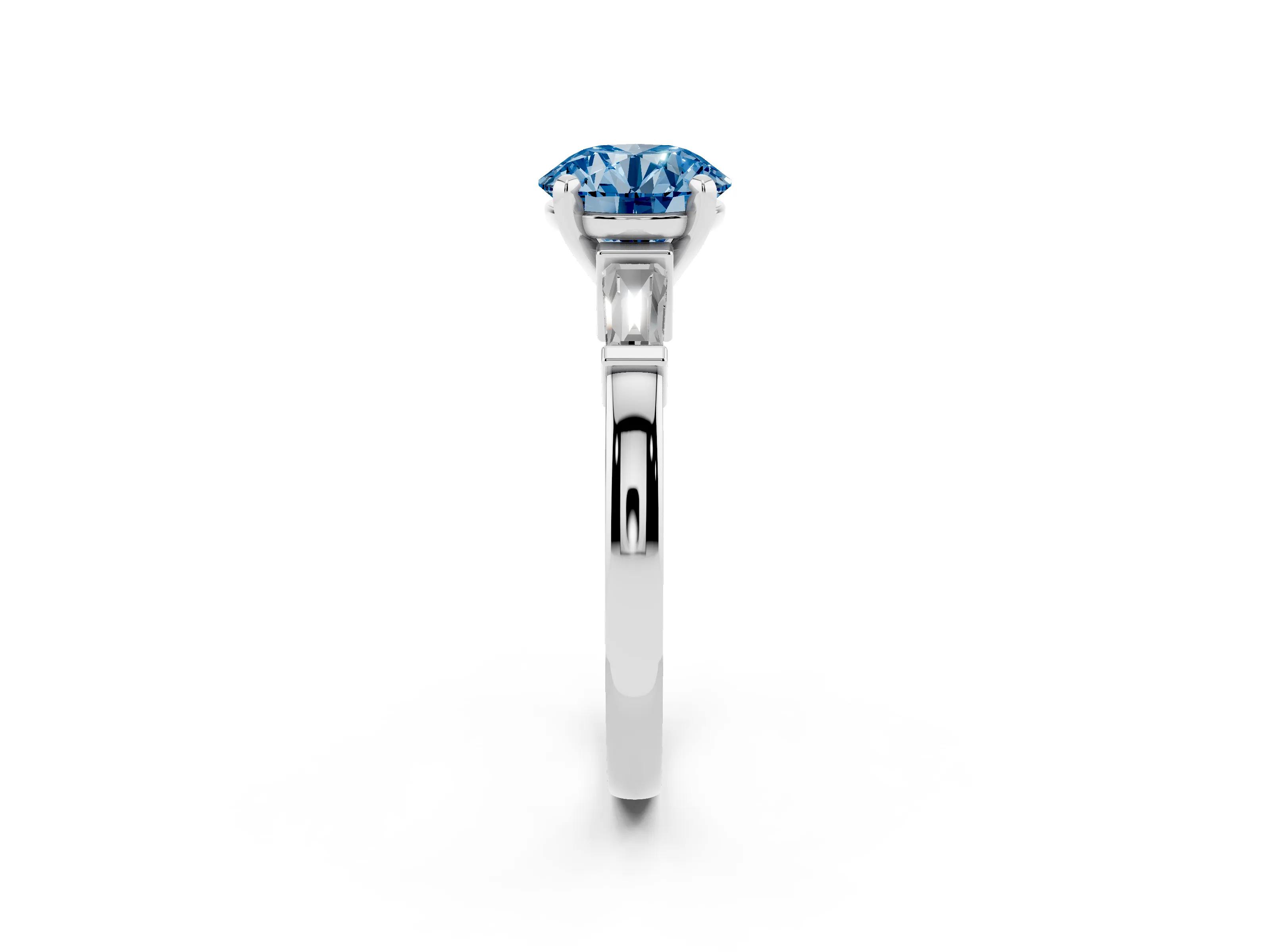 Fancy Blue Round Cut Diamond Solitaire Ring Set in White gold with Tapered Baguette Accents and Prong Setting