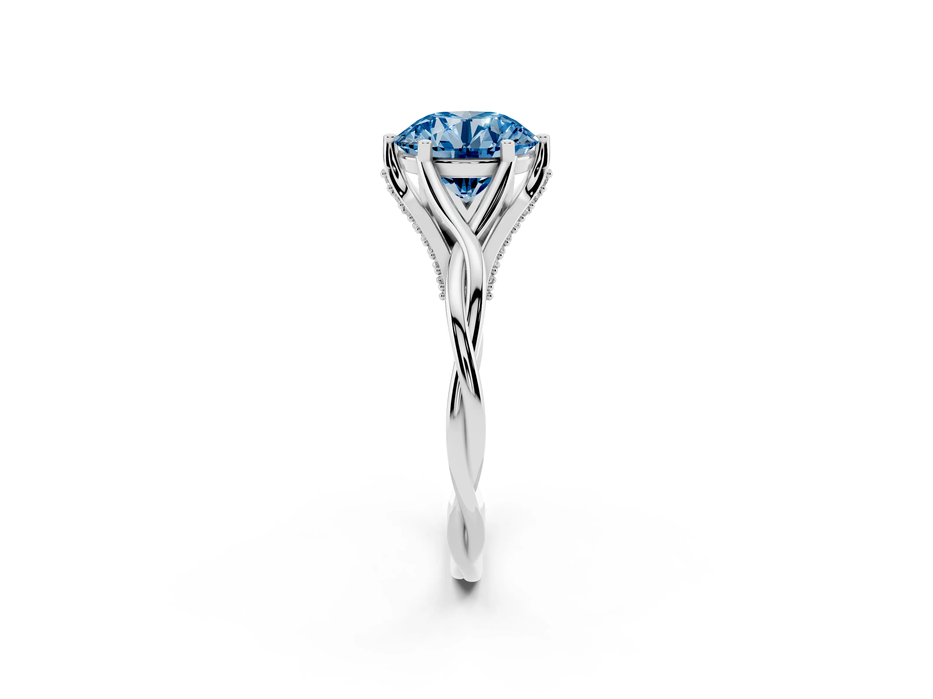 Fancy Blue Round Cut Diamond Intertwined Twist Band Solitaire Ring Set in White gold with Prong Setting