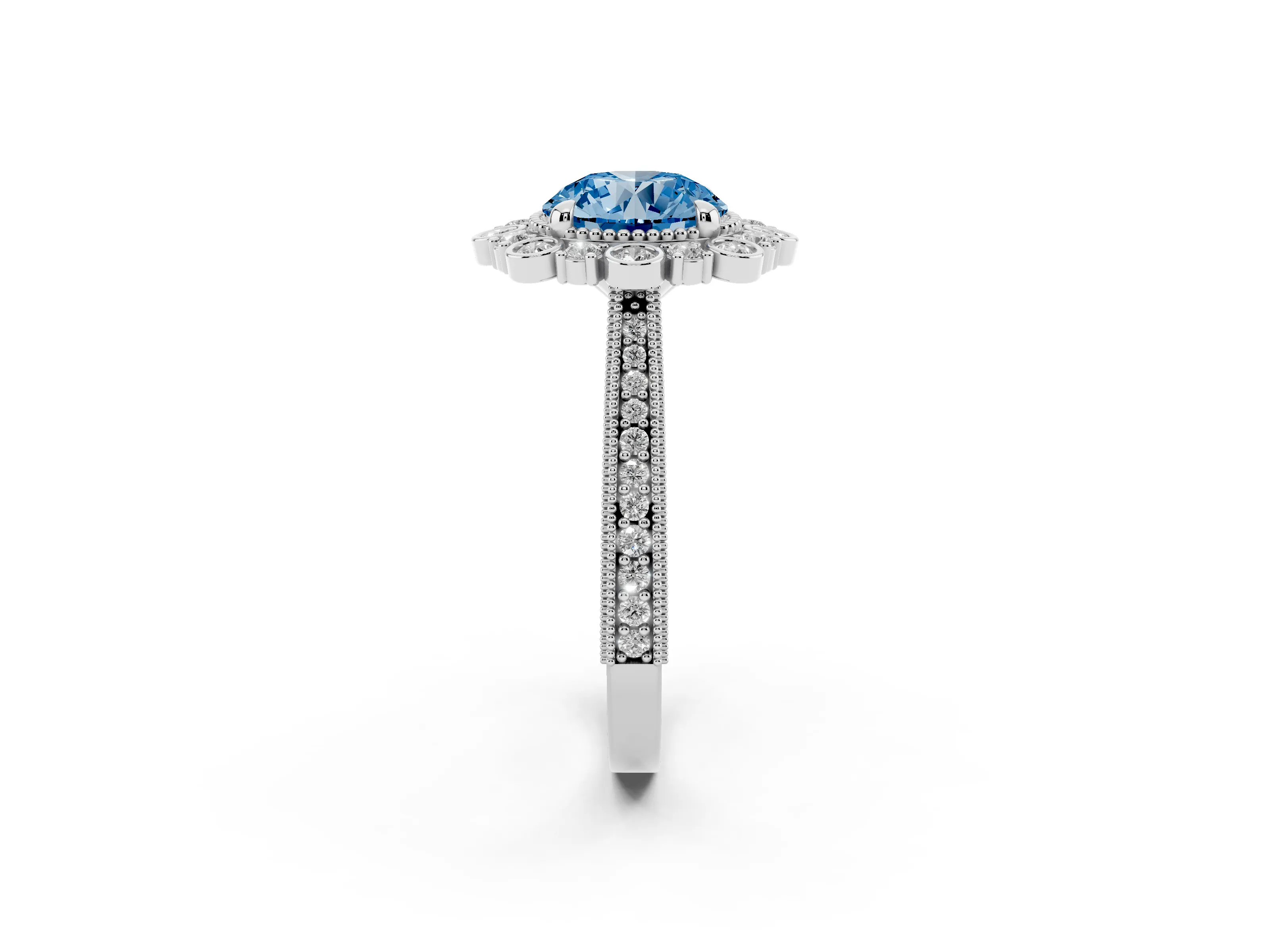 Fancy Blue Round Cut Diamond Halo Milgrain Pavé Ring Set in White gold with Prong Setting