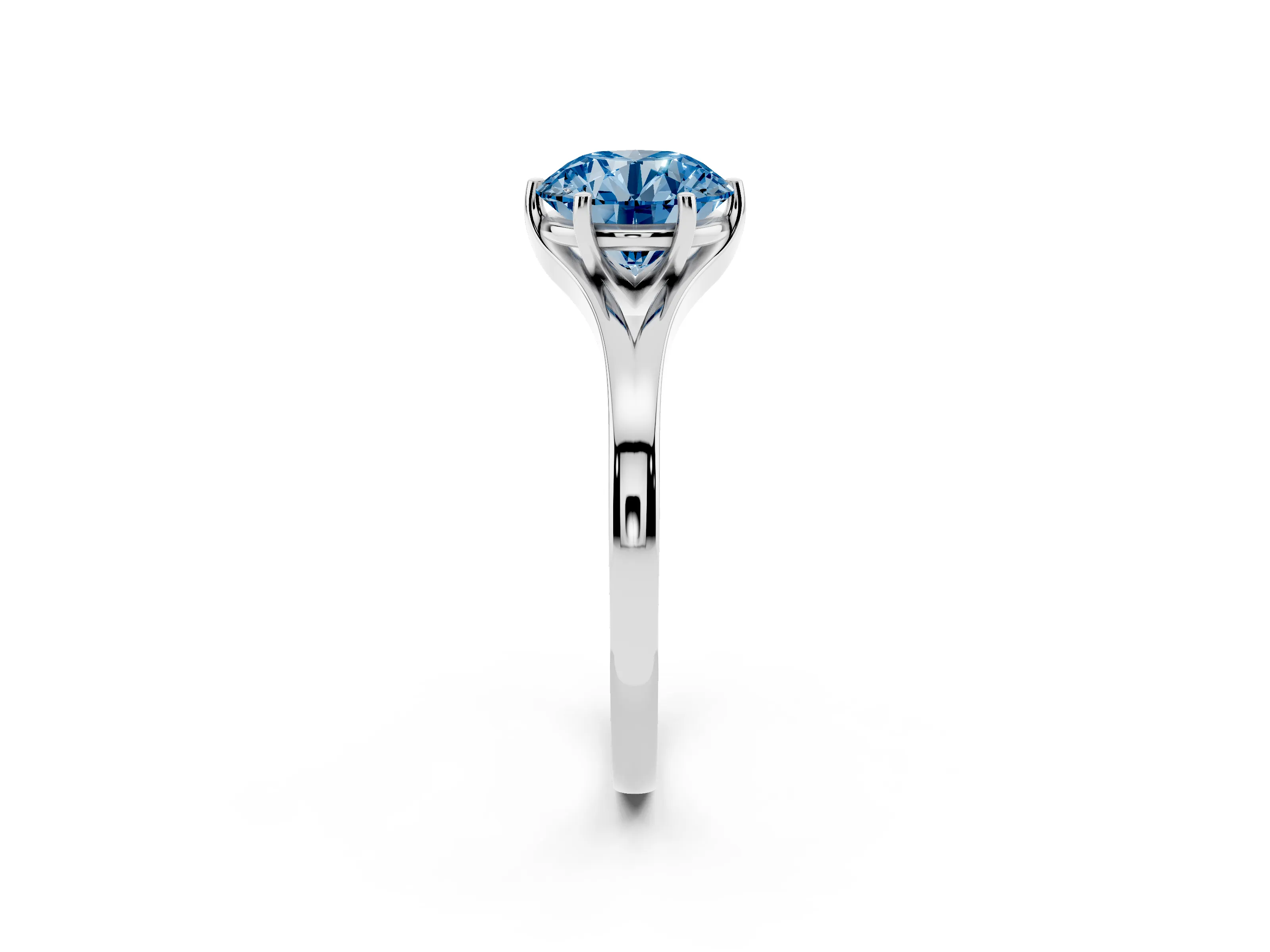 Fancy Blue Round Cut Diamond Solitaire Ring Set in Silver with Polished Tapered Band and Prong Setting