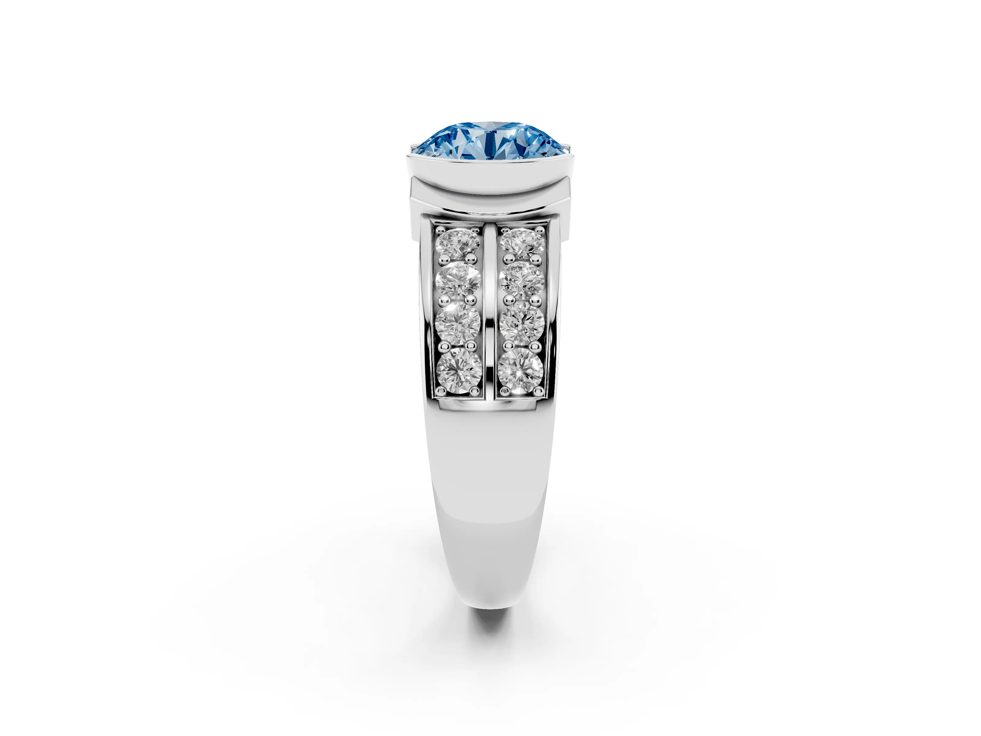 Fancy Blue Round Cut Diamond Wide Channel Set Band Ring Set in White gold with Bezel Setting