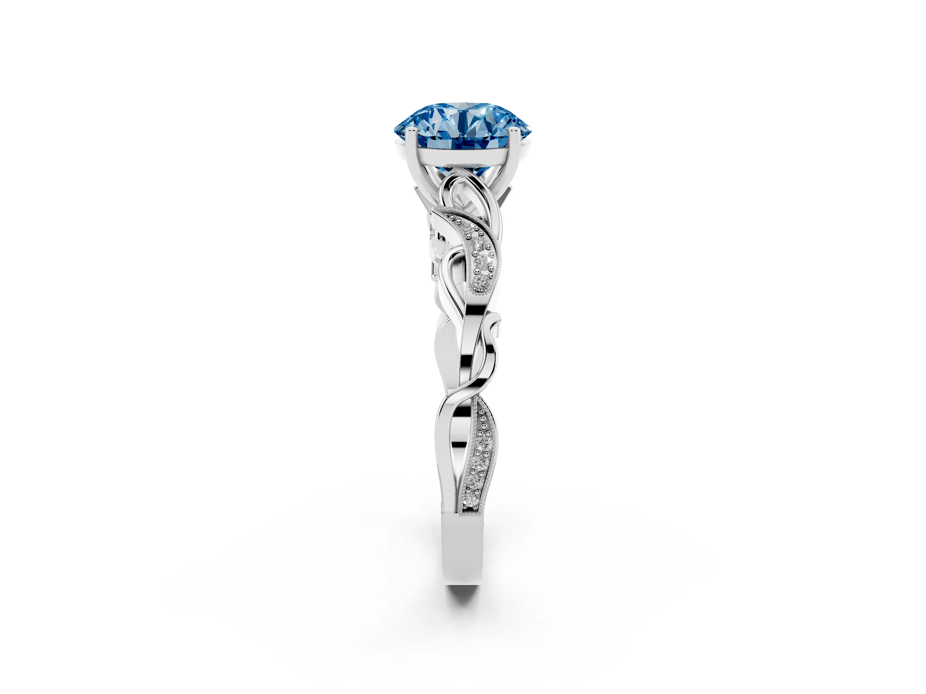 Fancy Blue Round Cut Diamond Vine Band Solitaire Ring Set in Platinum with Milgrain Prong Setting