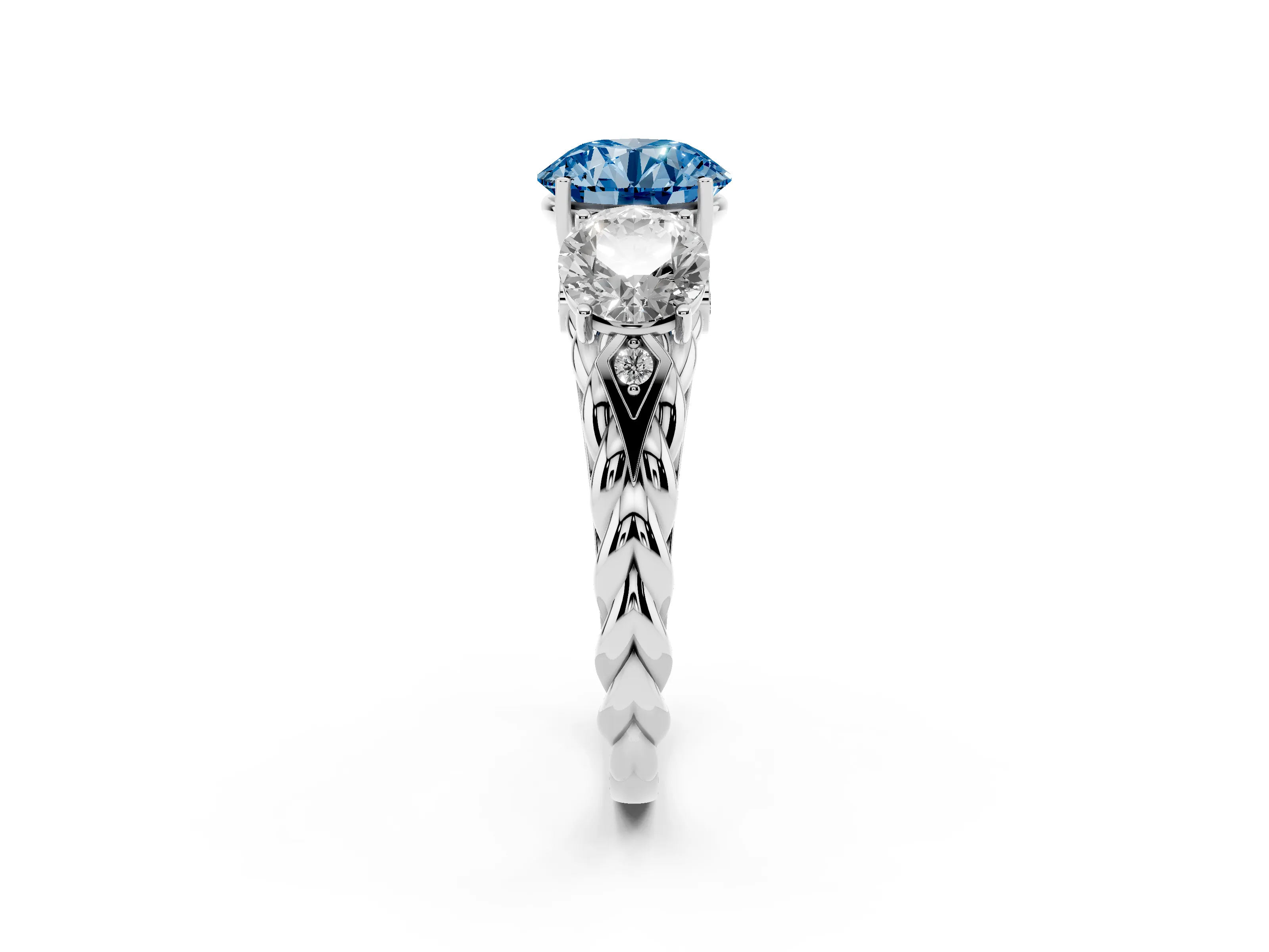 Fancy Blue Round Cut Diamond Three-Stone Ring Set in Platinum with Braided Band