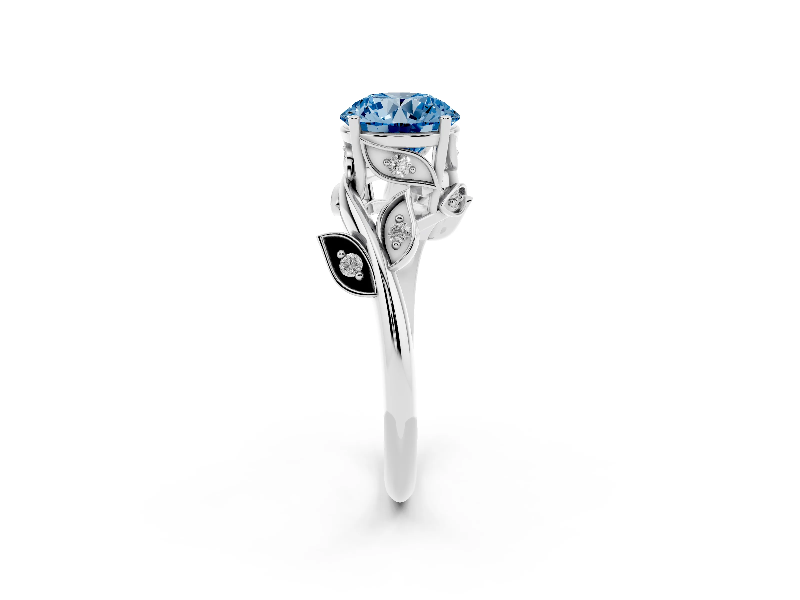 Fancy Blue Round Cut Diamond Solitaire Twist Engagement Ring Set in Silver with Pavé Leaf Accents