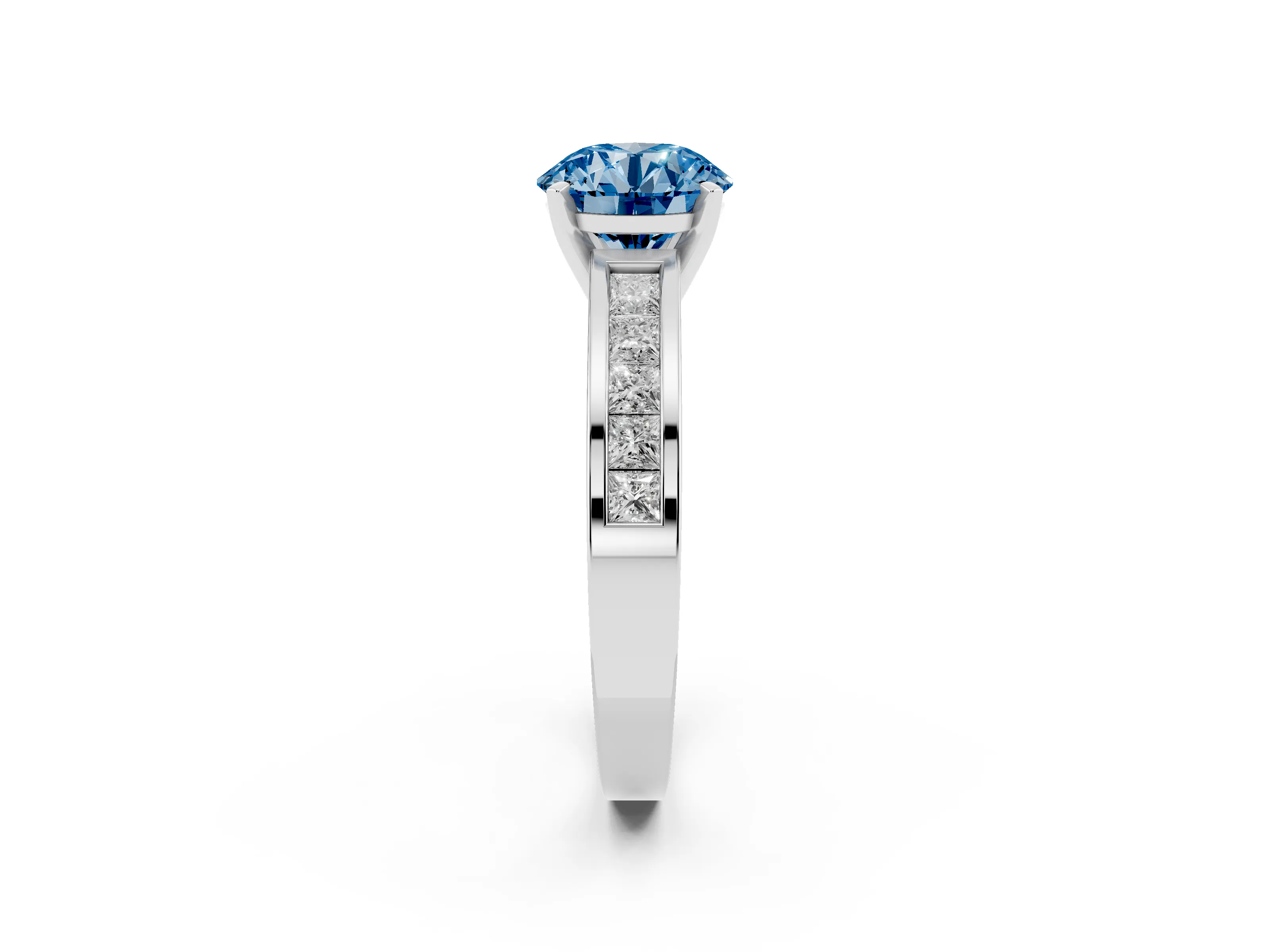 Fancy Blue Round Cut Diamond Solitaire Ring Set in White gold with Channel-Set Band and Prong Setting