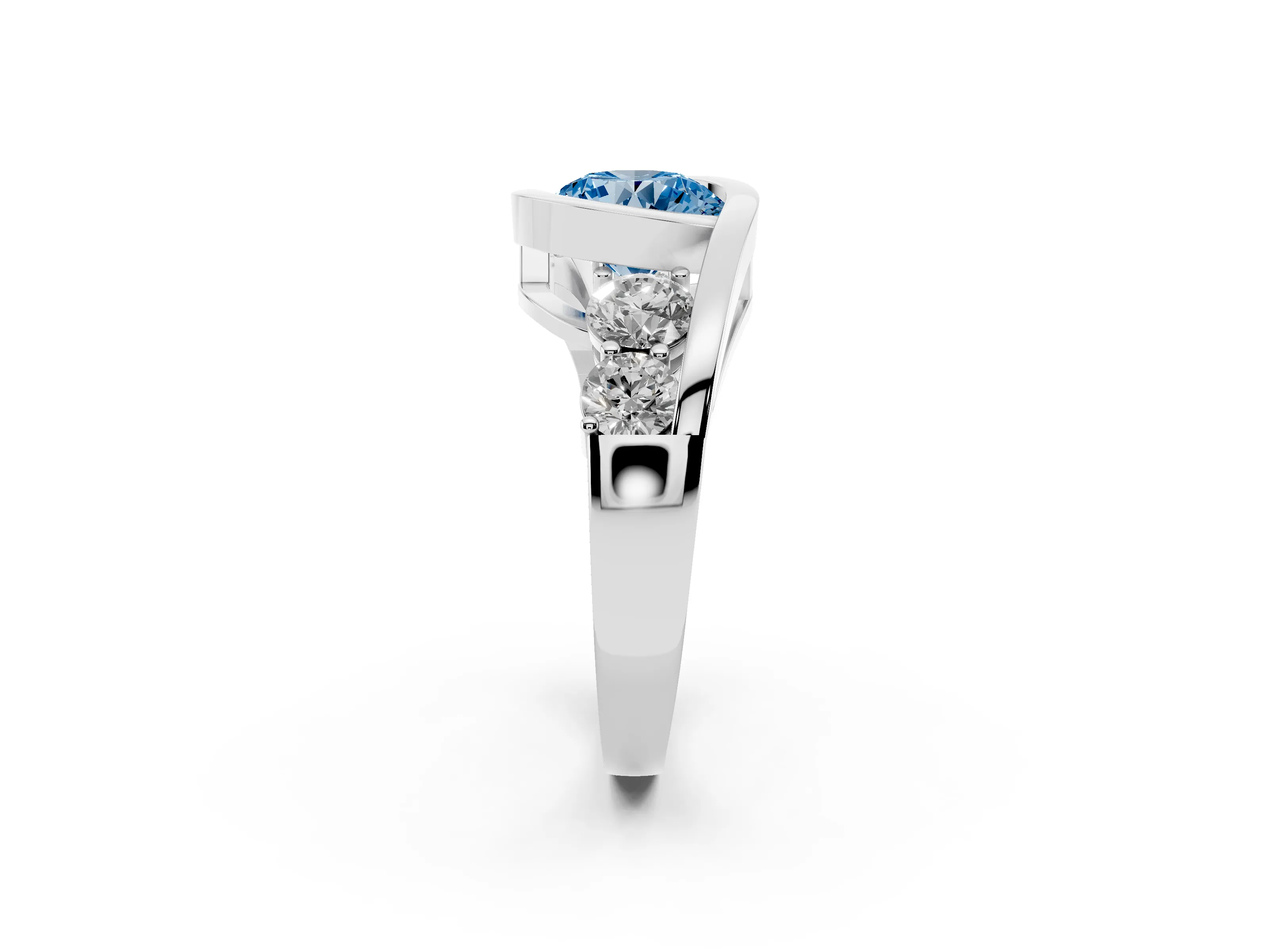 Fancy Blue Round Cut Diamond Bezel Bypass Ring Set in Platinum with Round Accents
