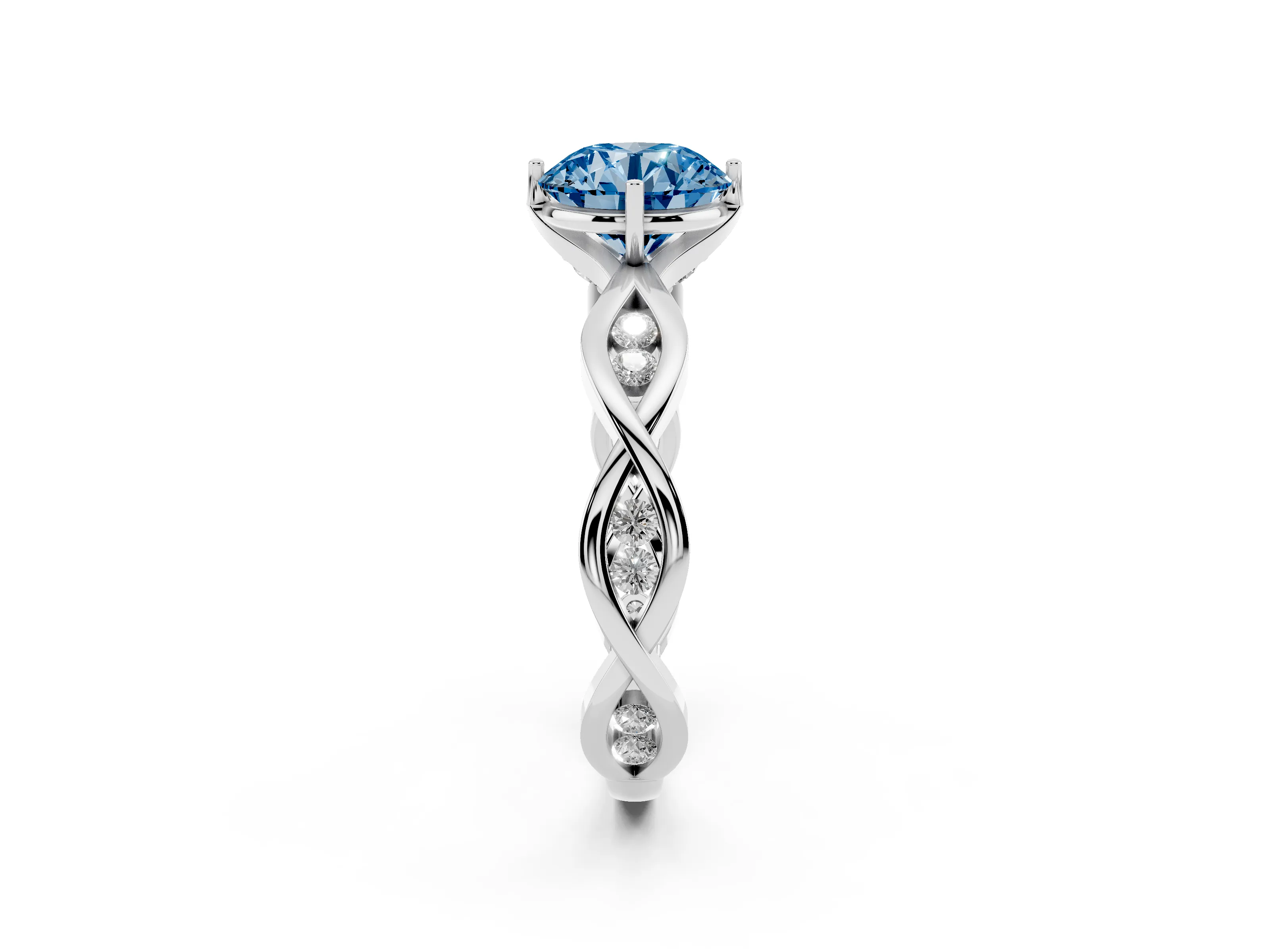Fancy Blue Round Cut Diamond Twist Band Solitaire Ring Set in White gold with Leaf Prong Setting and Accent Stones