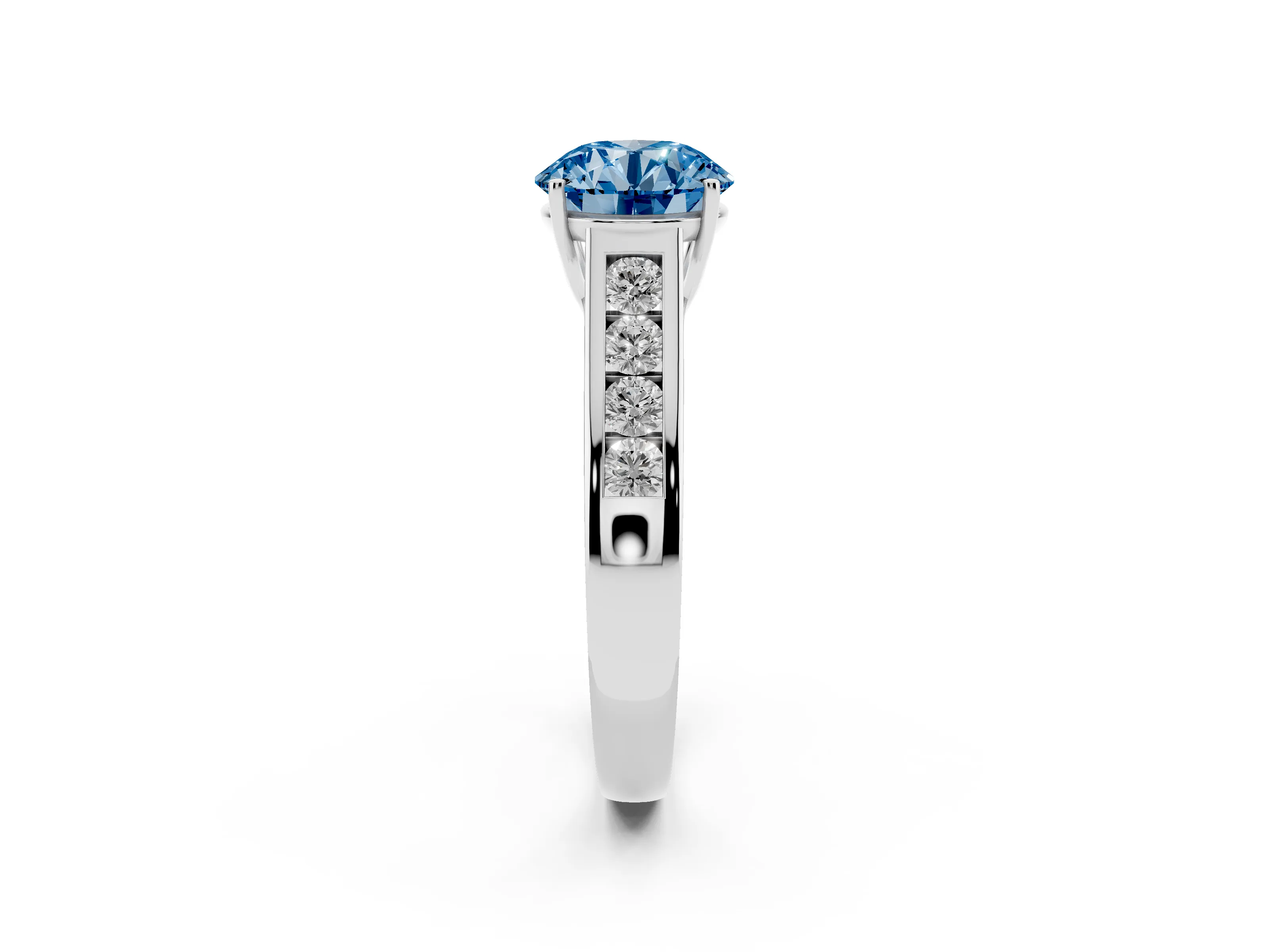 Fancy Blue Round Cut Diamond Solitaire Channel-Set Engagement Ring Set in Platinum with Prong Setting