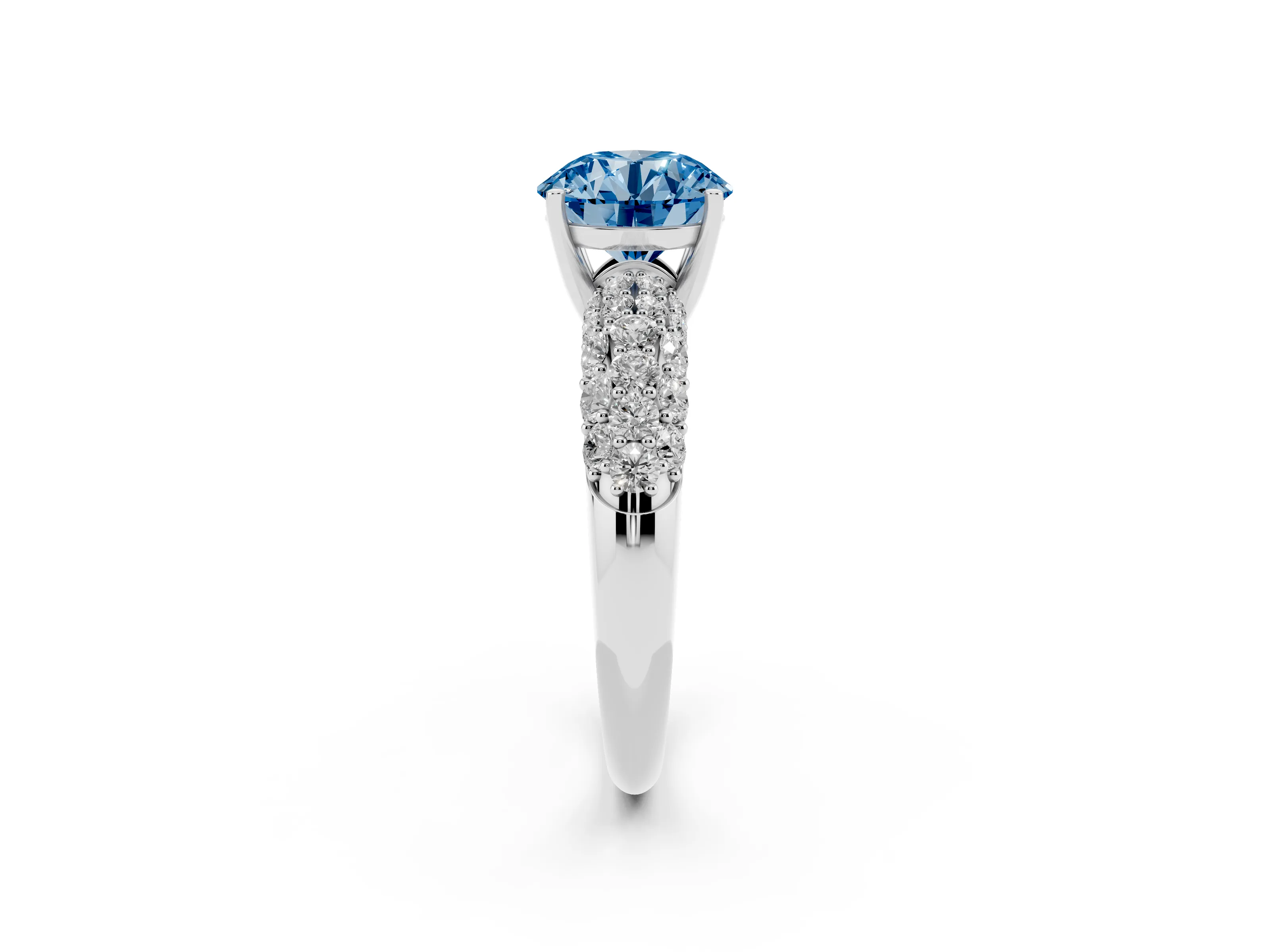 Fancy Blue Round Cut Diamond Pavé Band Solitaire Ring Set in Silver with Close-Set Accent Stones and Prong Setting