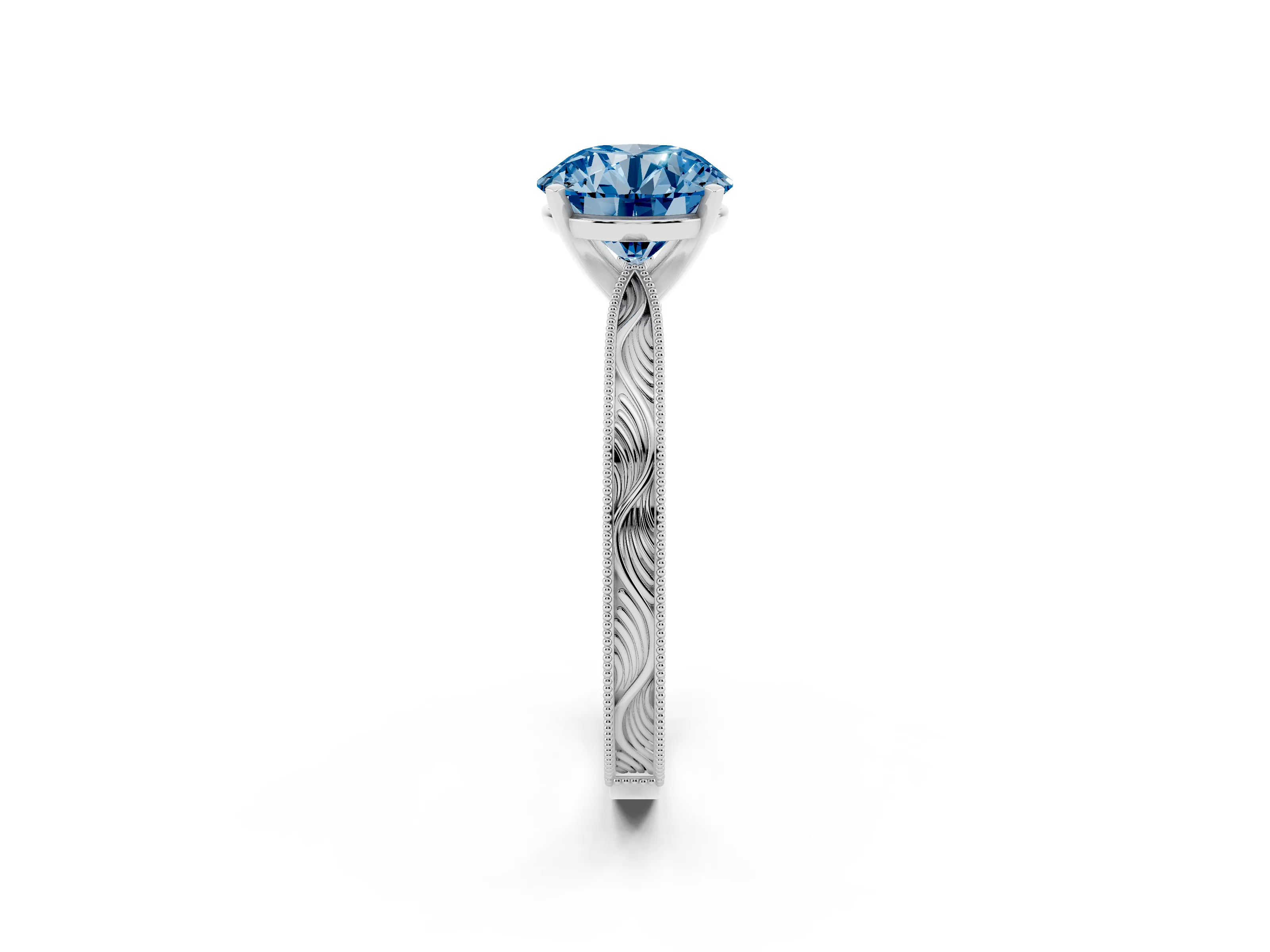 Fancy Blue Round Cut Diamond Solitaire Milgrain Engraved Band Set in Platinum with Prong Setting