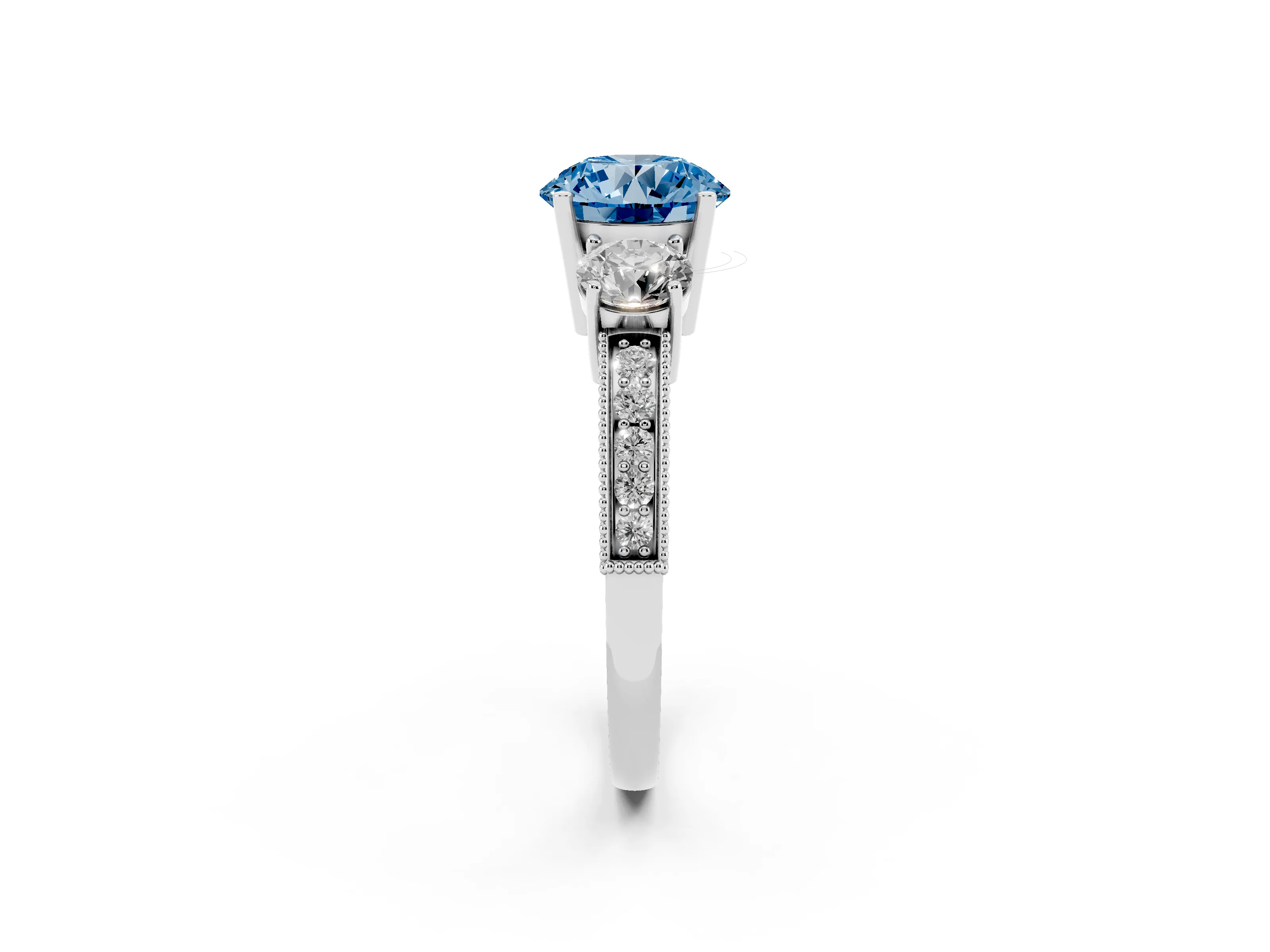 Fancy Blue Round Cut Diamond Three-Stone Ring Set in White gold with Round Side Stones and Pavé Band