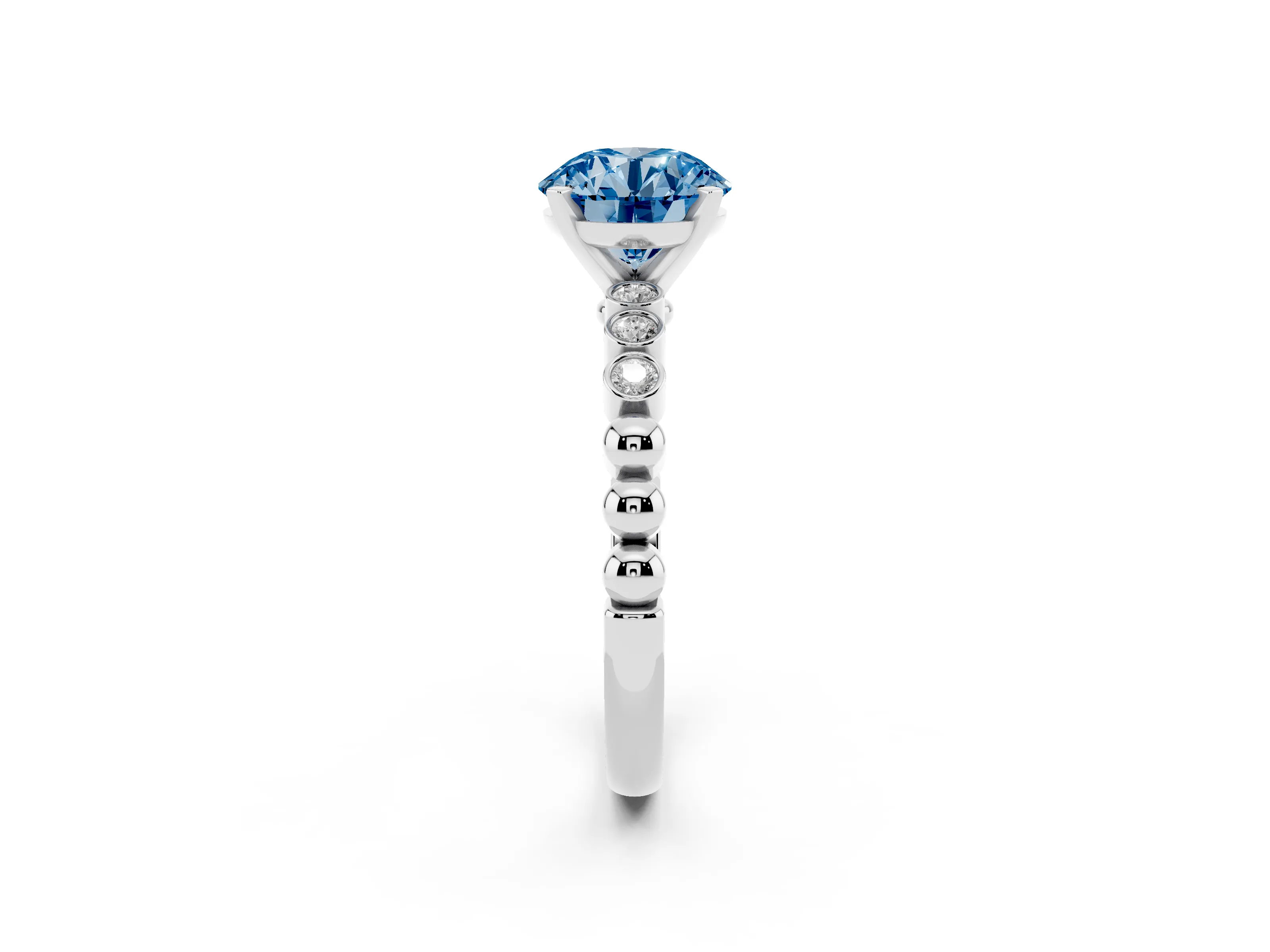 Fancy Blue Round Cut Diamond Solitaire Engagement Ring Set in Platinum with Bezel Accents on Beaded Band