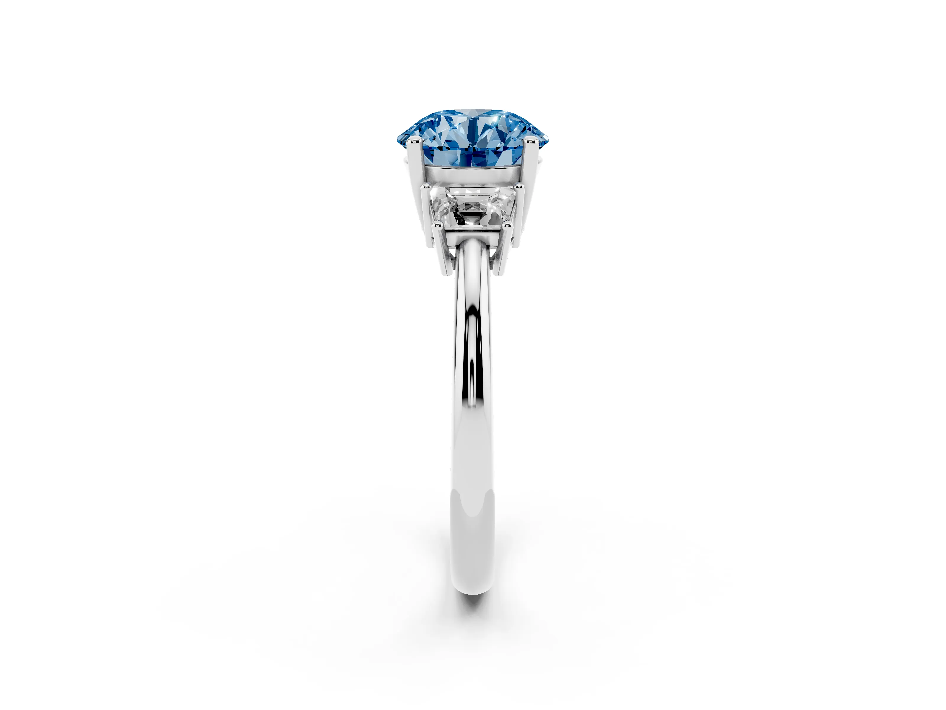 Fancy Blue Round Cut Diamond Three-Stone Ring Set in Silver with Trapezoid Side Stones and Prong Setting