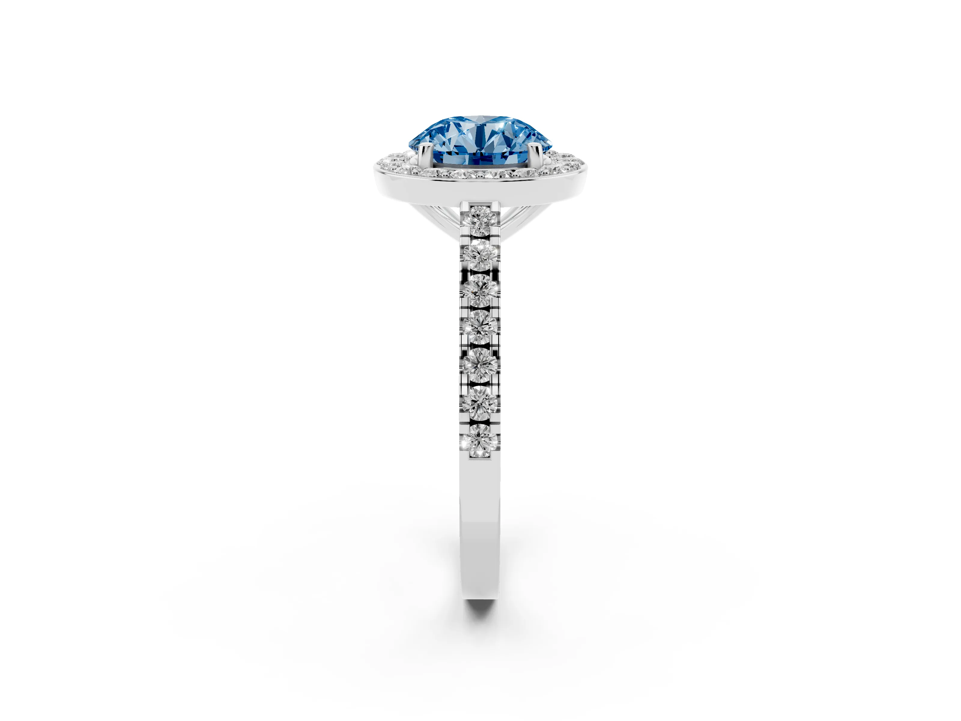 Fancy Blue Round Cut Diamond Halo Ring Set in Platinum with Round Pavé Split Shank and Prong Setting