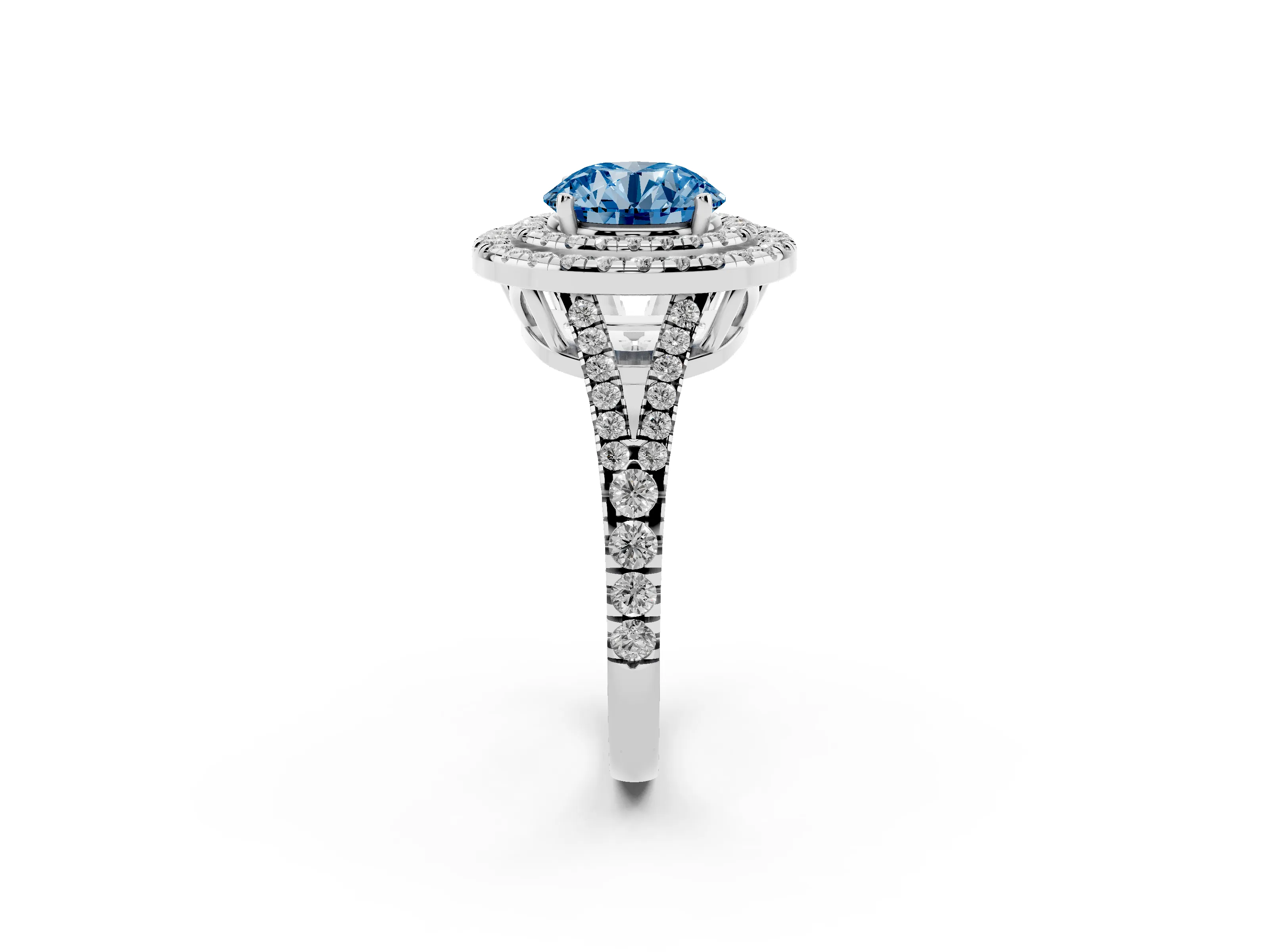 Fancy Blue Round Cut Diamond Double Halo Ring Set in Platinum with Pavé Band