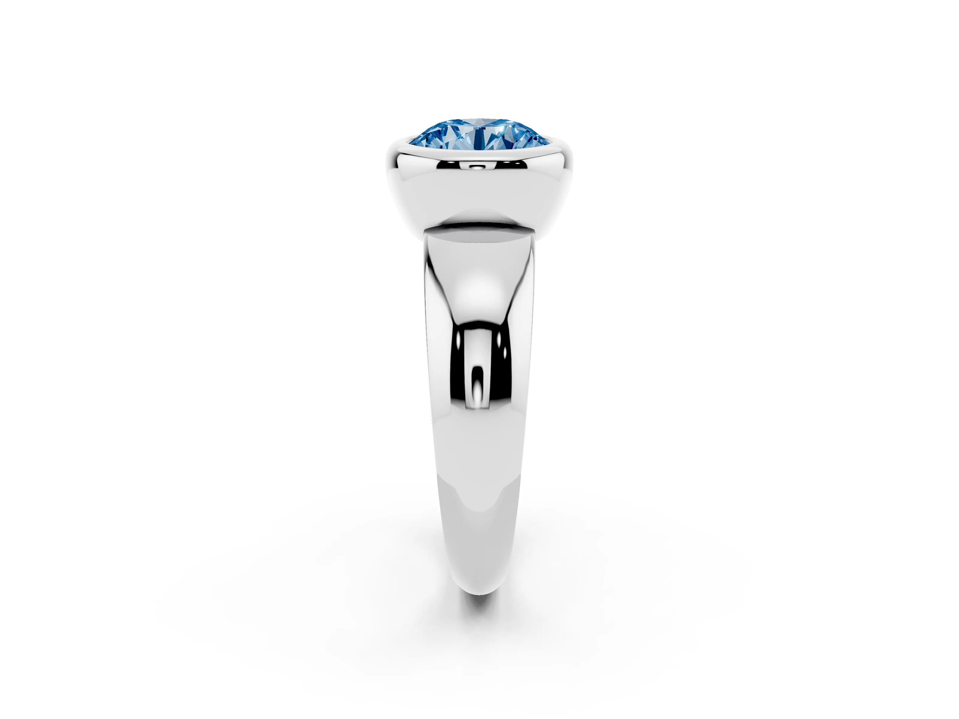 Fancy Blue Bezel Set Round Cut Diamond Solitaire Ring Set in Platinum with Wide Band