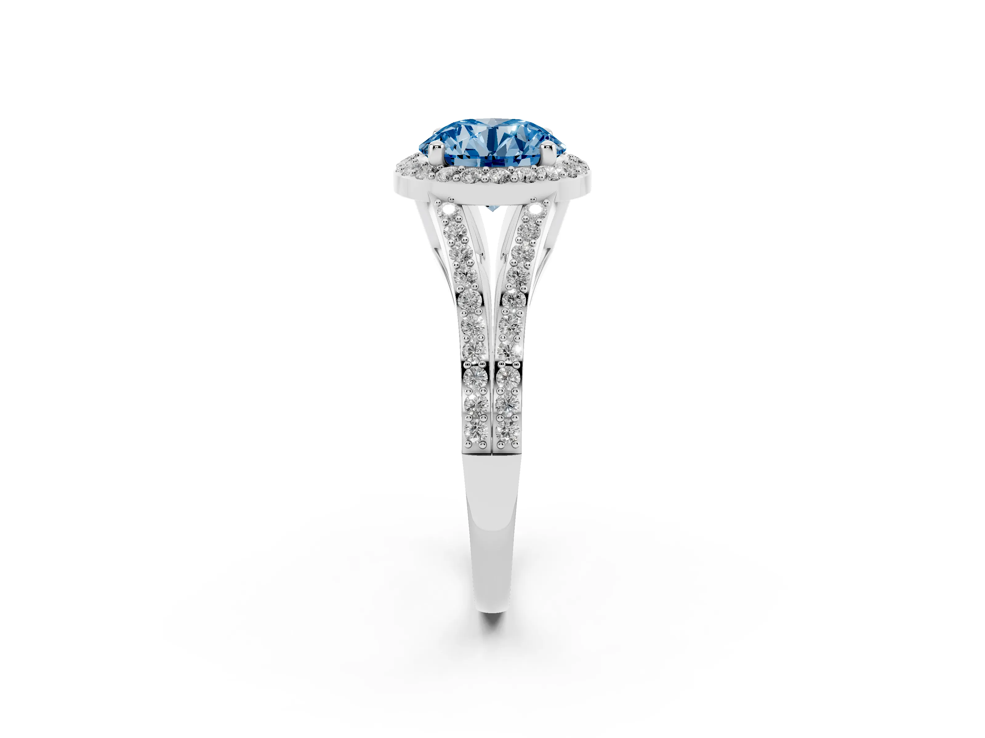 Fancy Blue Round Cut Diamond Halo Split Shank Pavé Ring Set in White gold with Prong Setting