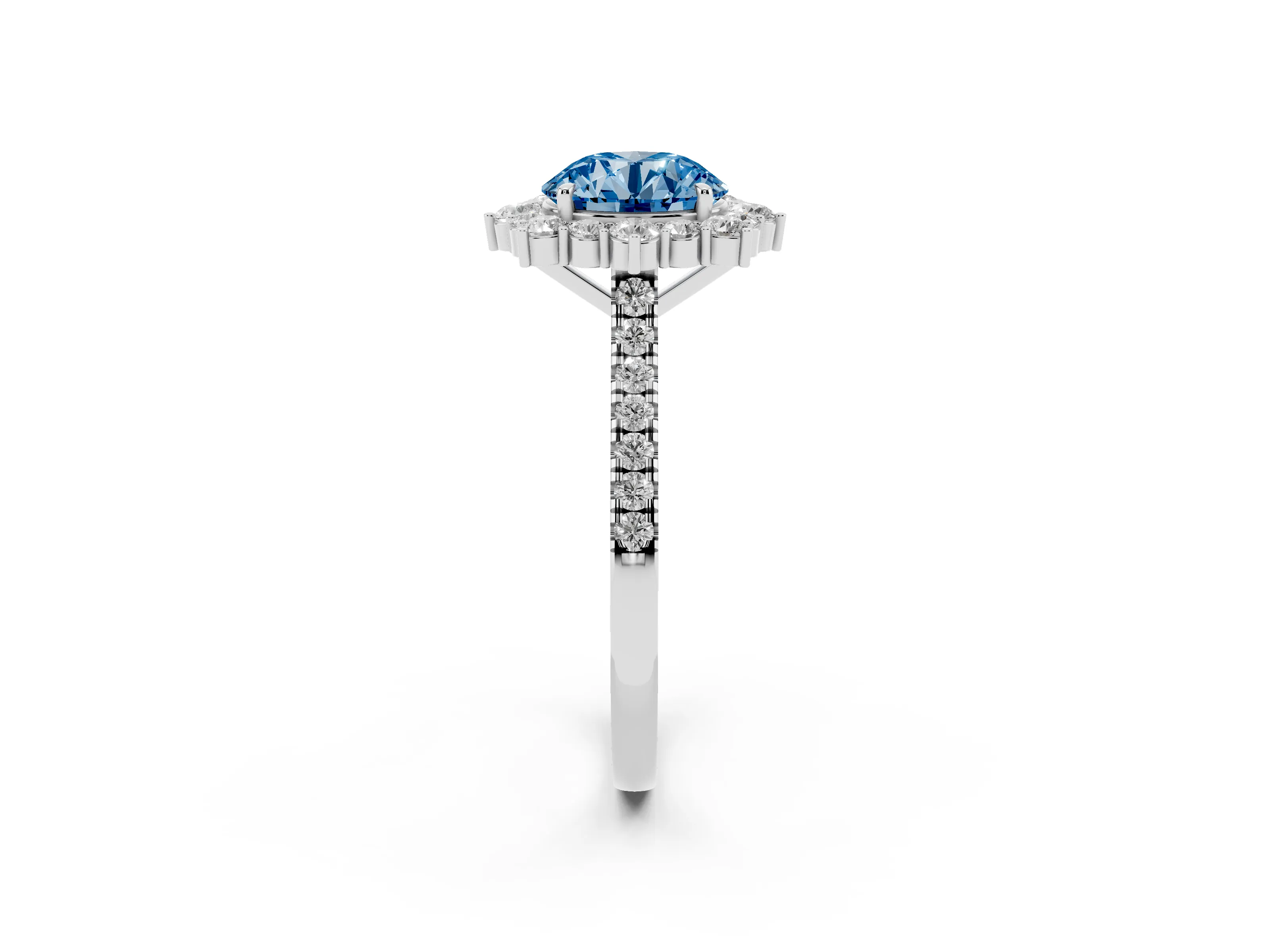 Fancy Blue Round Cut Diamond Halo Ring Set in Silver with Pavé Band and Prong Setting