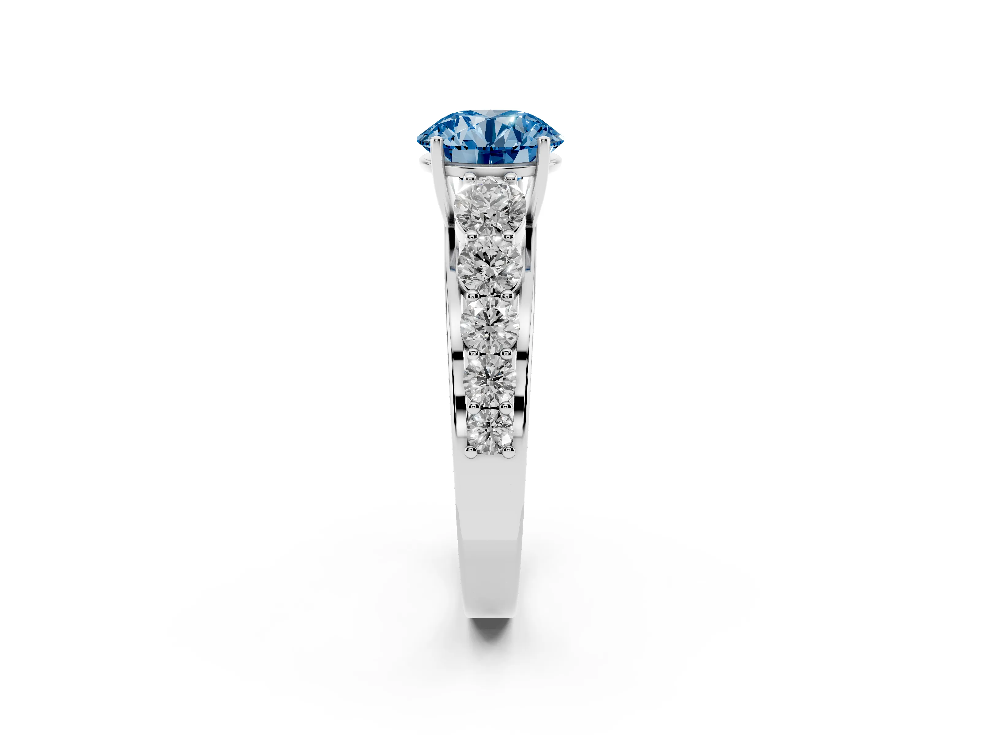 Fancy Blue Round Cut Diamond Solitaire Ring Set in Silver with Pavé-Set Band and Prong Setting