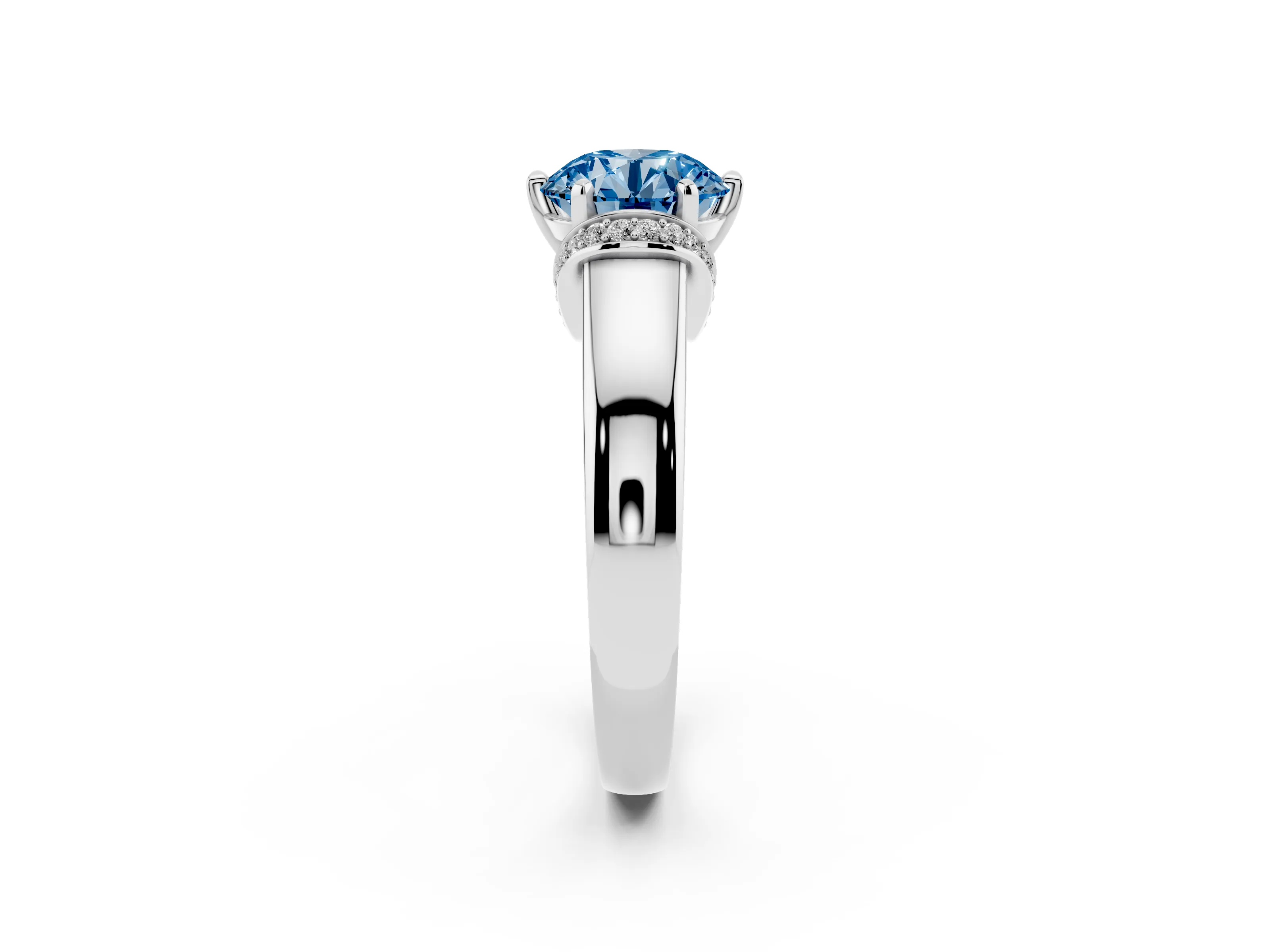 Fancy Blue Round Cut Diamond Pavé Band Solitaire Ring Set in Silver with Prong Setting