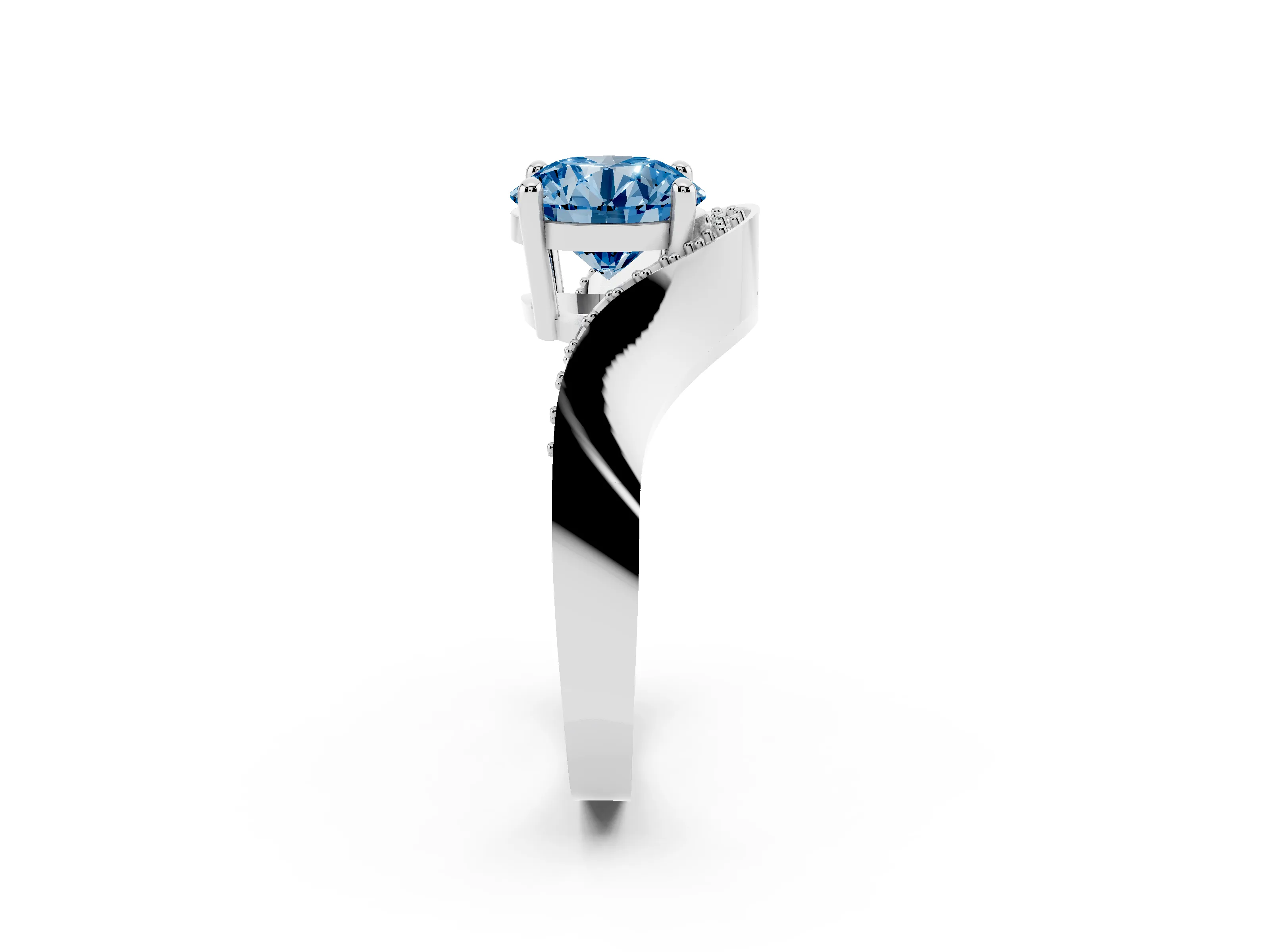 Fancy Blue Round Cut Diamond Solitaire Engagement Ring Set in Silver with Pavé Shoulders