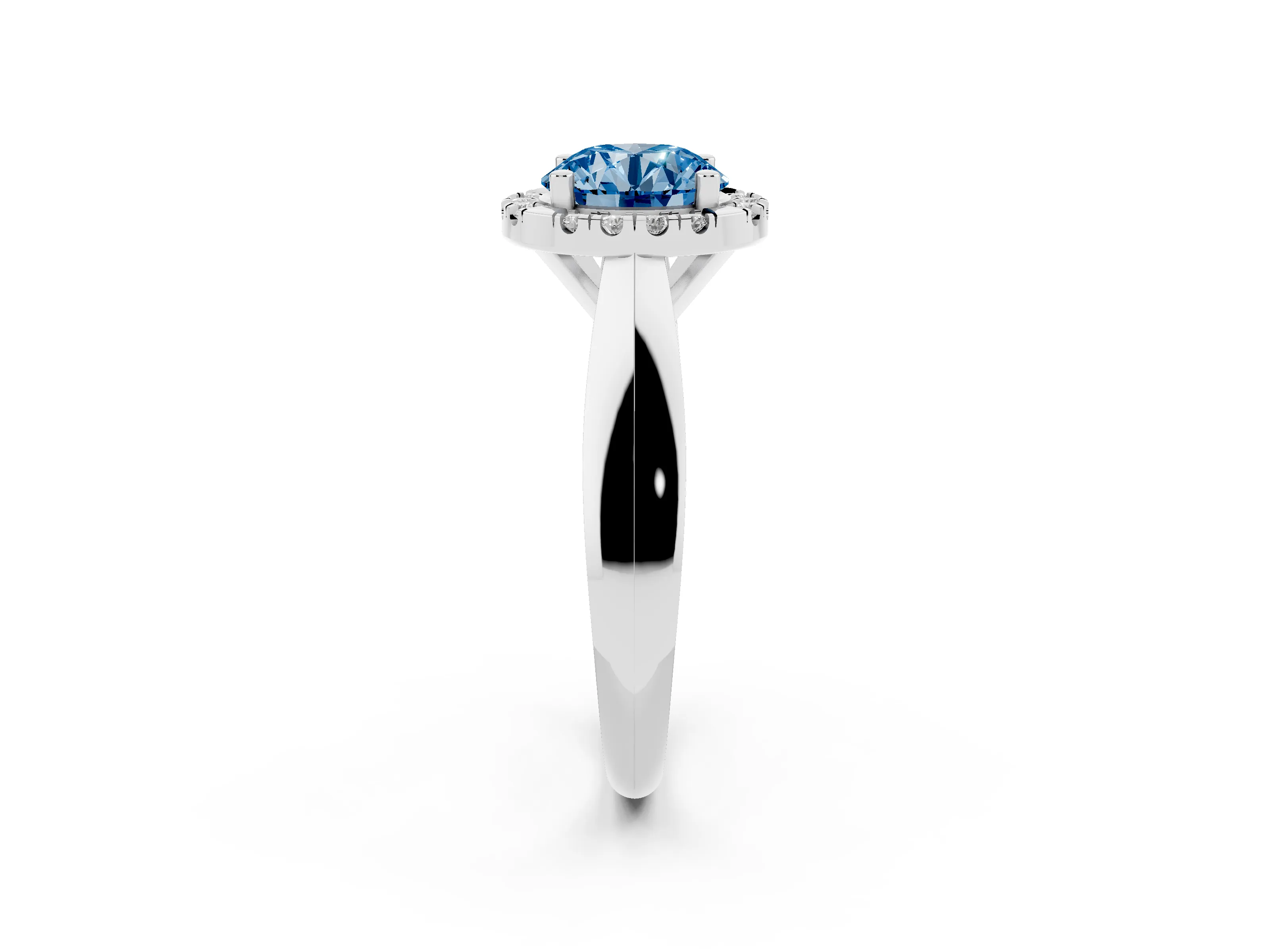 Fancy Blue Round Cut Diamond Halo Solitaire Engagement Ring Set in Platinum with Square Band and Prong Setting