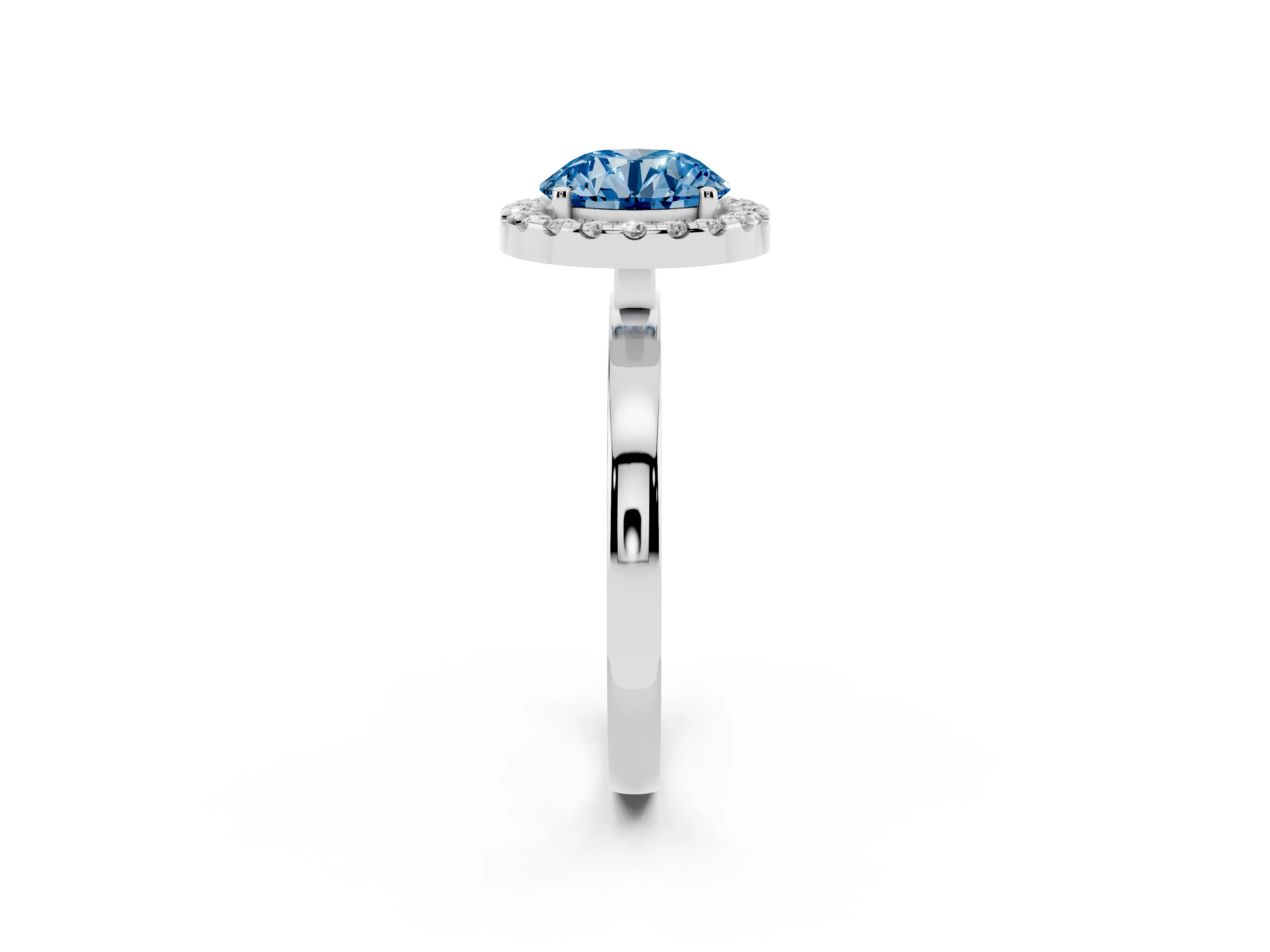 Fancy Blue Round Cut Diamond Halo Solitaire Ring Set in White gold with Pavé Band and Prong Setting