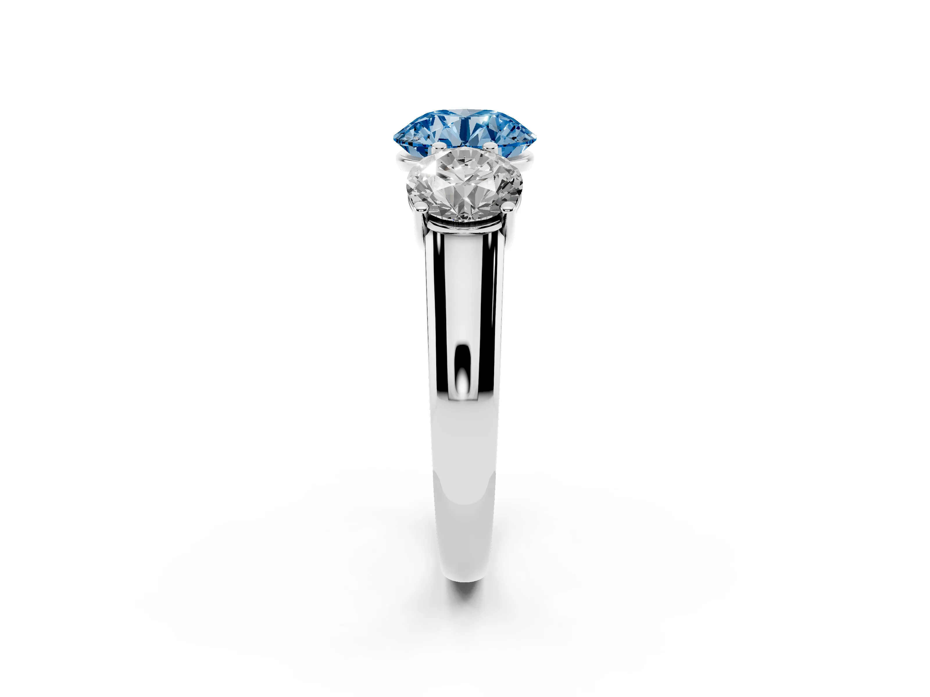 Fancy Blue Round Cut Diamond Three-Stone Ring Set in Silver with Plain Polished Band