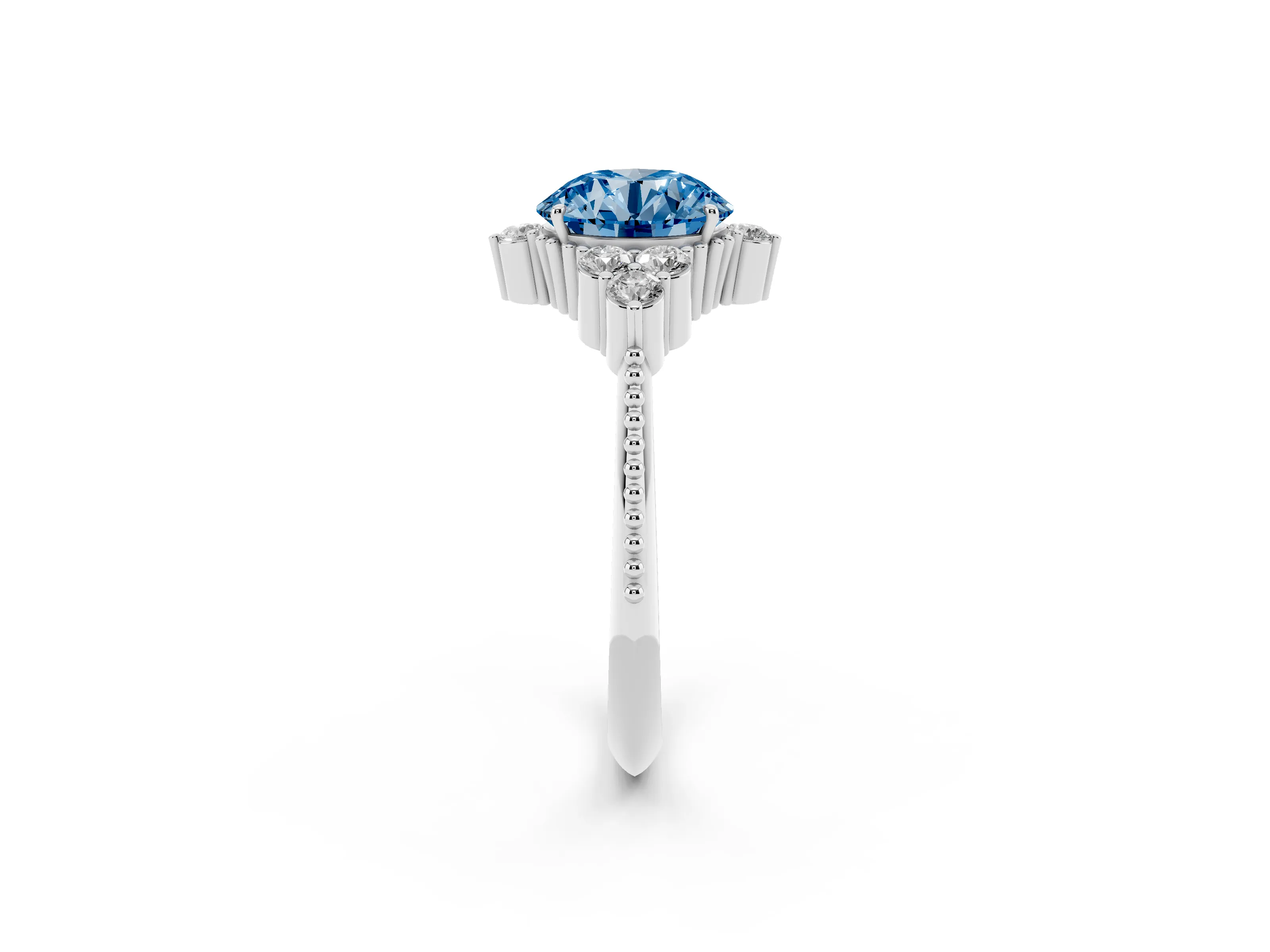 Fancy Blue Round Cut Diamond Cluster Ring Set in Silver with Beaded Band
