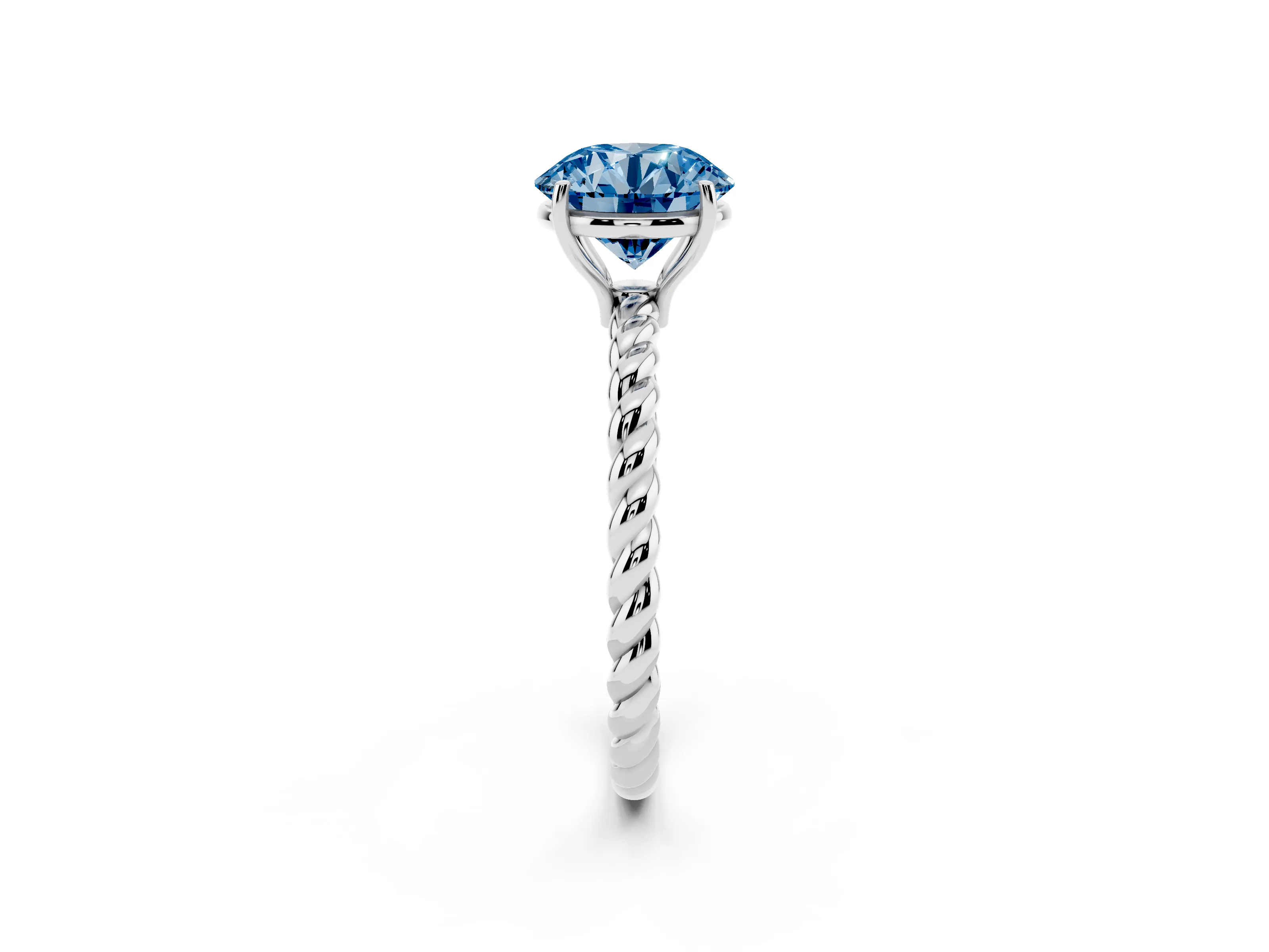 Fancy Blue Round Cut Diamond Solitaire Ring Set in White gold with Twist Band and Prong Setting
