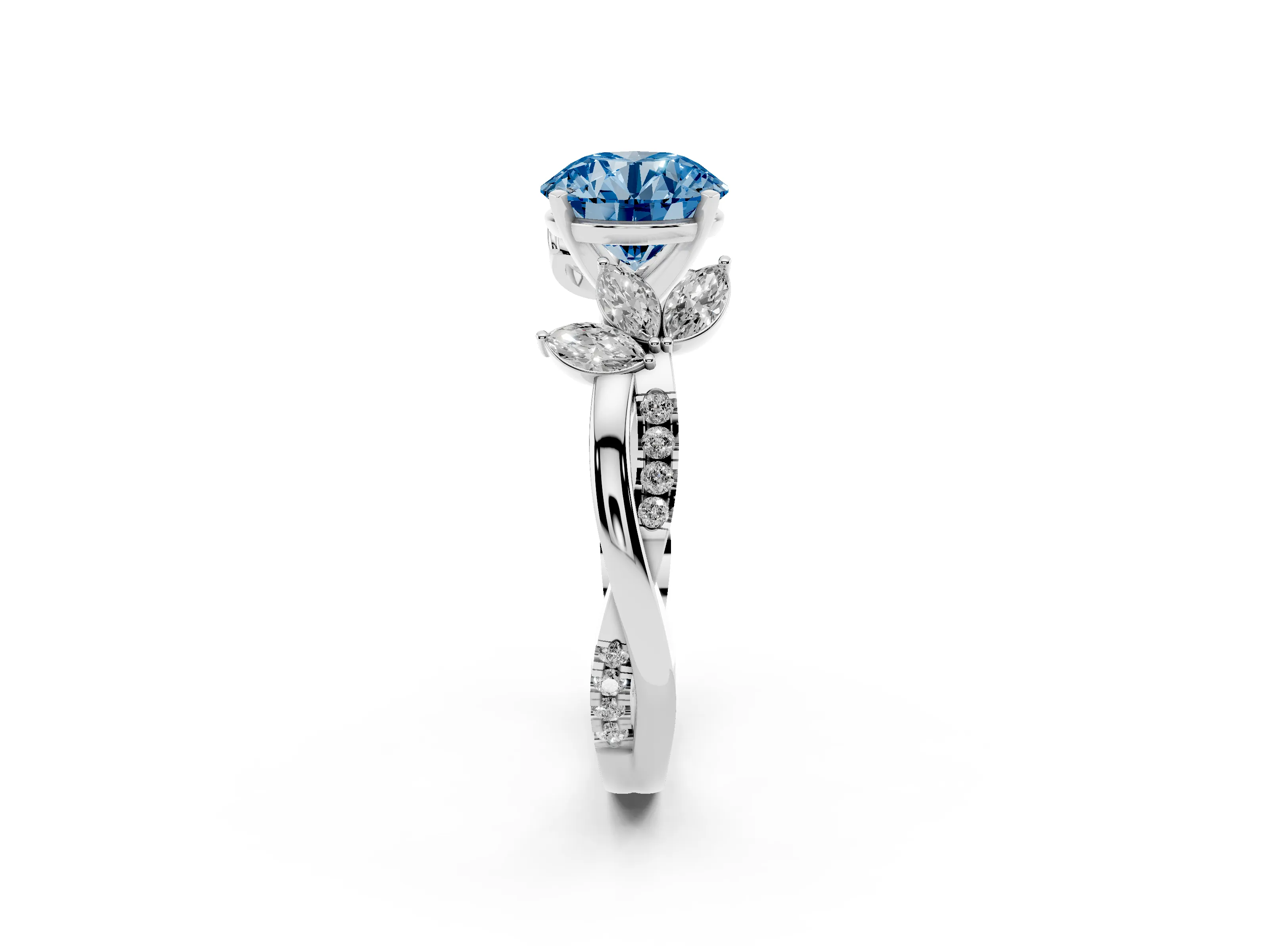 Fancy Blue Round Cut Diamond Floral Vine Solitaire Engagement Ring Set in Silver with Marquise Leaves