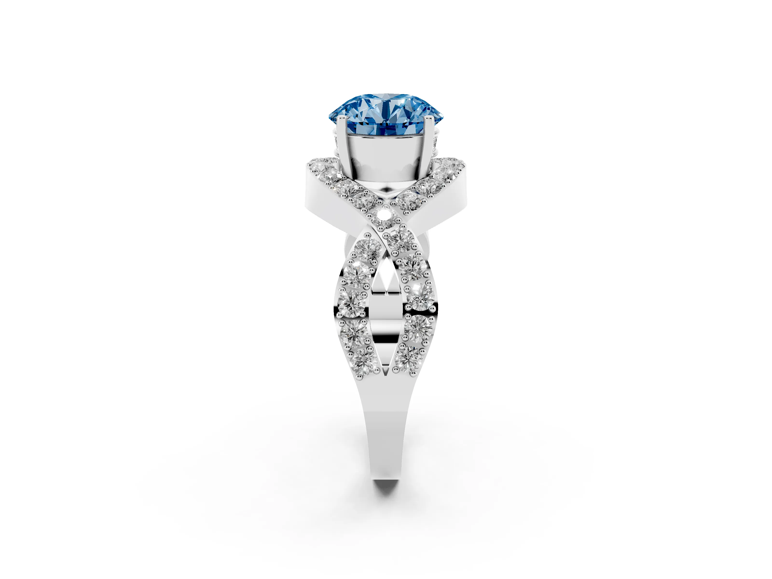 Fancy Blue Round Cut Diamond Solitaire Twist Band Pavé Engagement Ring Set in White gold
