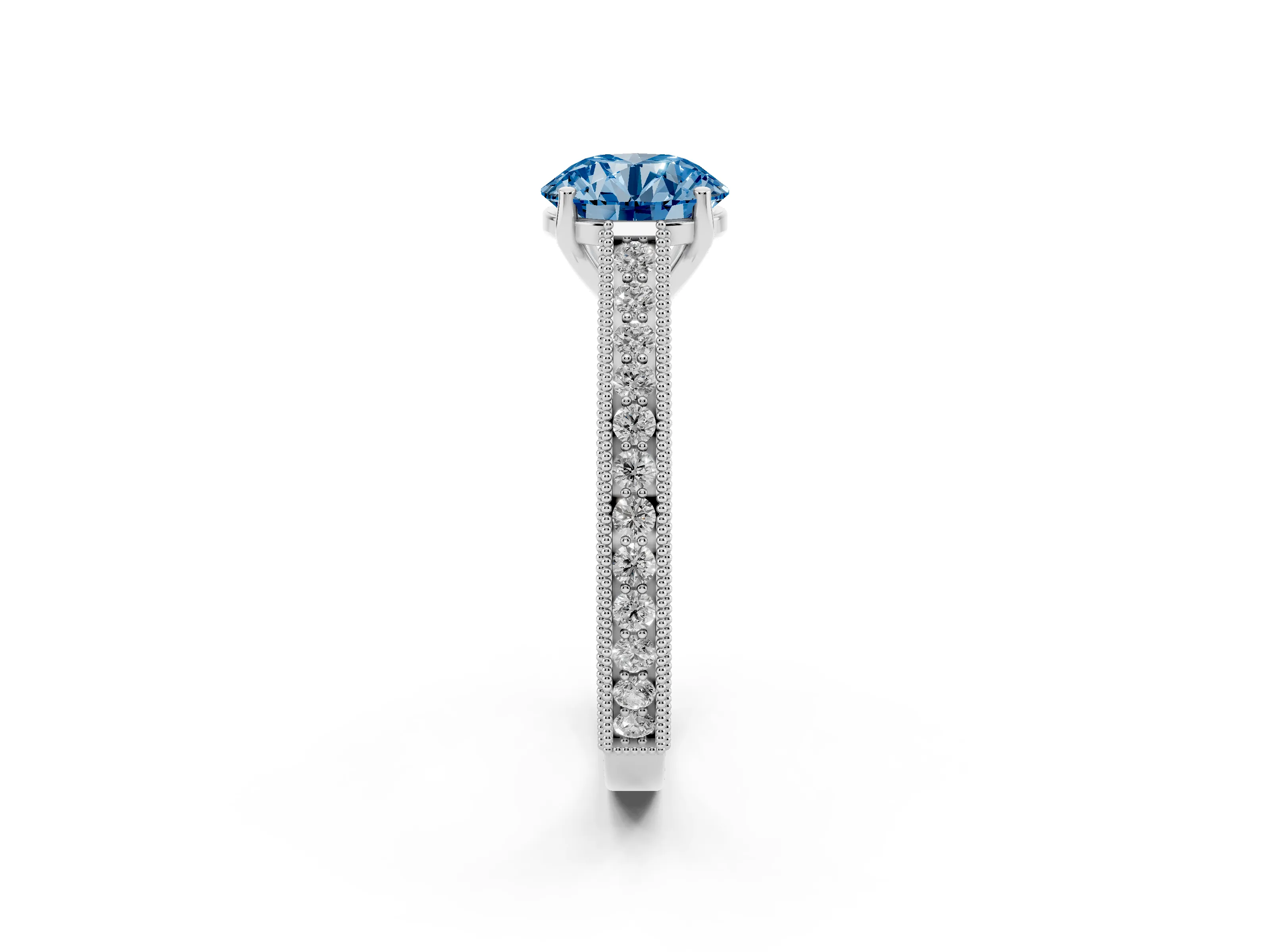 Fancy Blue Round Cut Diamond Milgrain Pavé Band Solitaire Ring Set in Platinum with Prong Setting