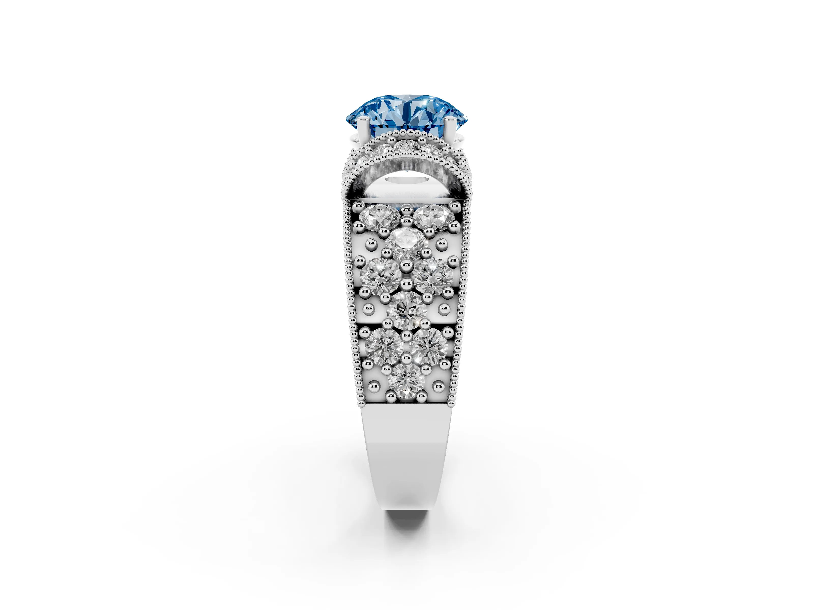 Fancy Blue Round Cut Diamond Milgrain Halo Pavé Engagement Ring Set in Platinum with Prong Setting