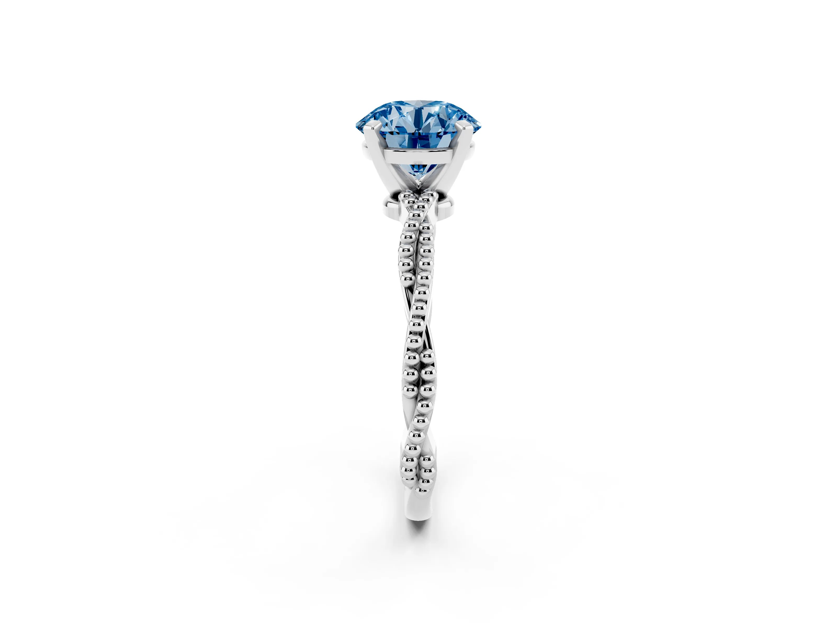 Fancy Blue Round Cut Diamond Solitaire Ring Set in Platinum with Twisted Band and Bead Prong Setting