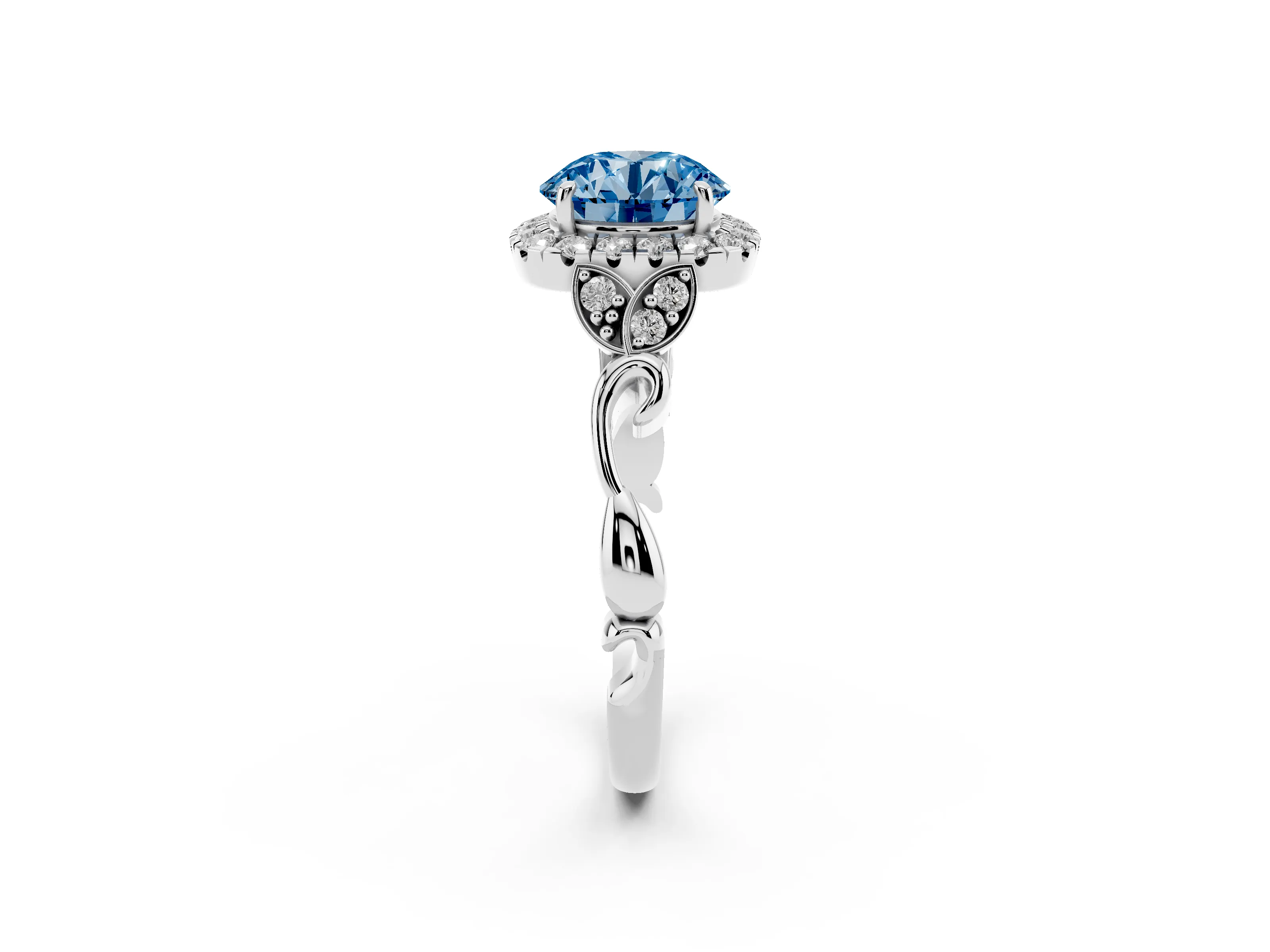 Fancy Blue Round Cut Diamond Halo Engagement Ring Set in White gold with Vintage-Inspired Band and Prong Setting
