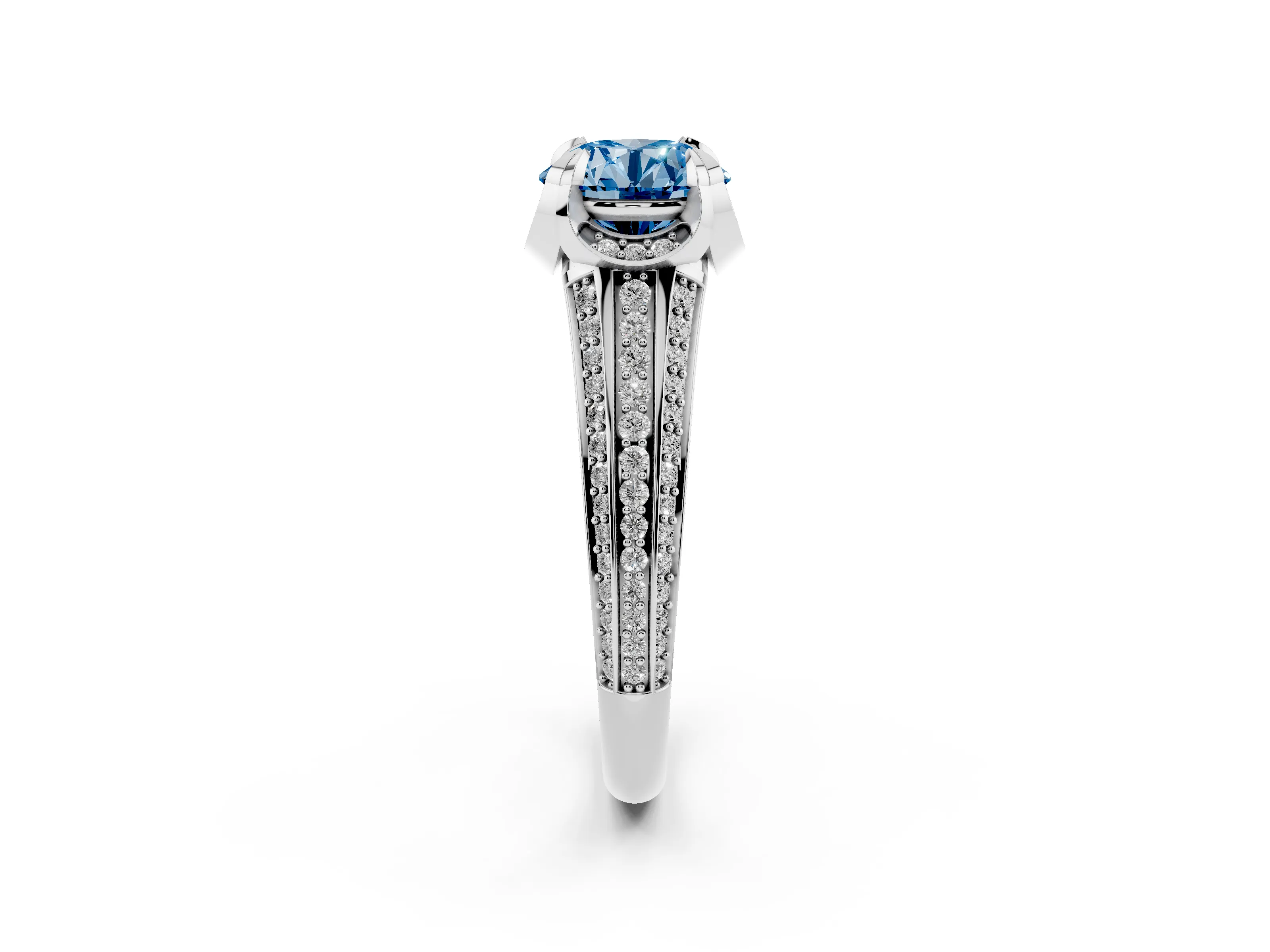 Fancy Blue Round Cut Diamond Pavé Split Shank Solitaire Ring Set in White gold with Prong Setting