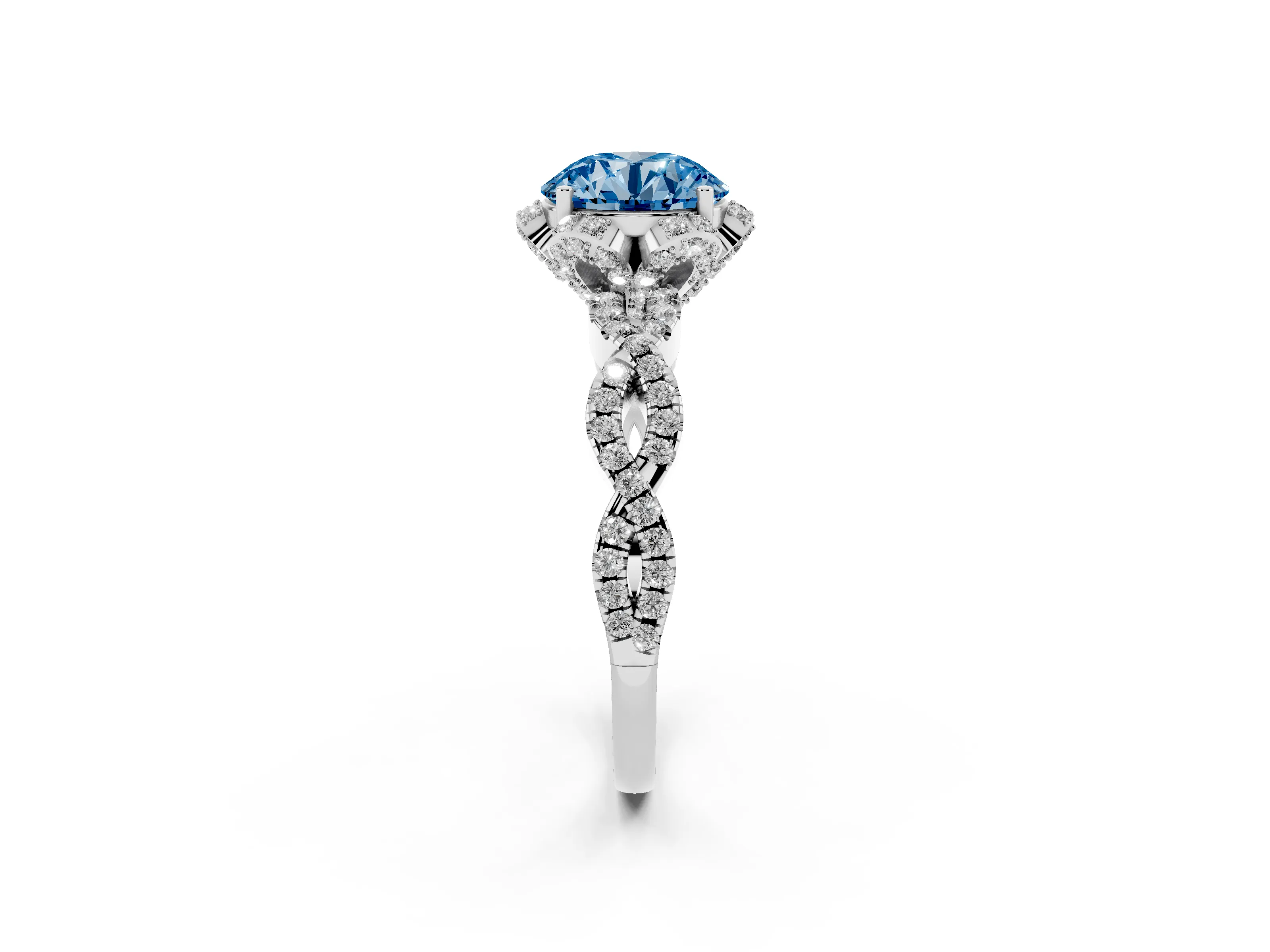 Fancy Blue Round Cut Diamond Halo Twist Band Solitaire Ring Set in Silver with Prong-Set Center Stone