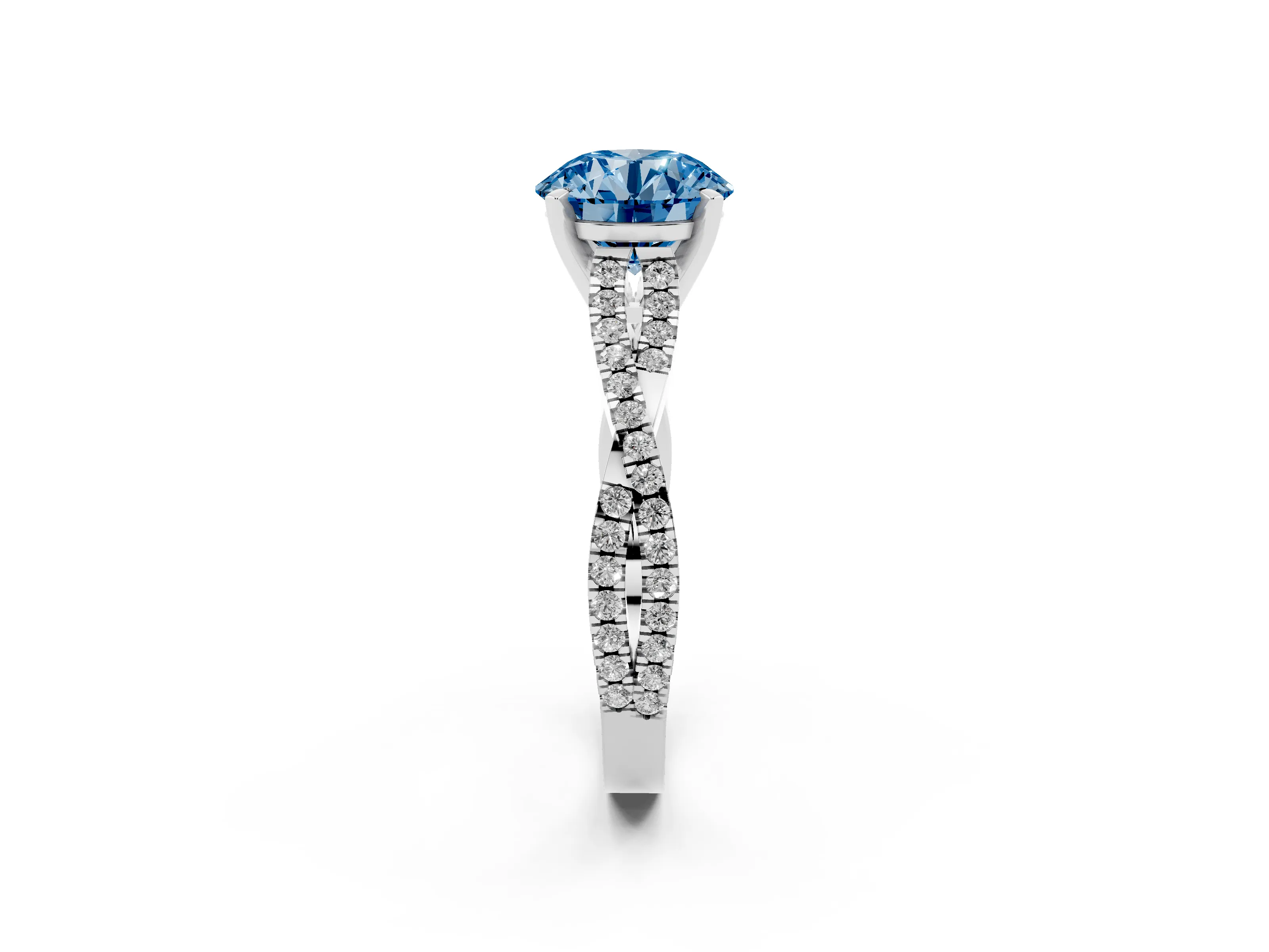 Fancy Blue Round Cut Diamond Solitaire Engagement Ring Set in Platinum with Twisted Pavé Band and Prong Setting