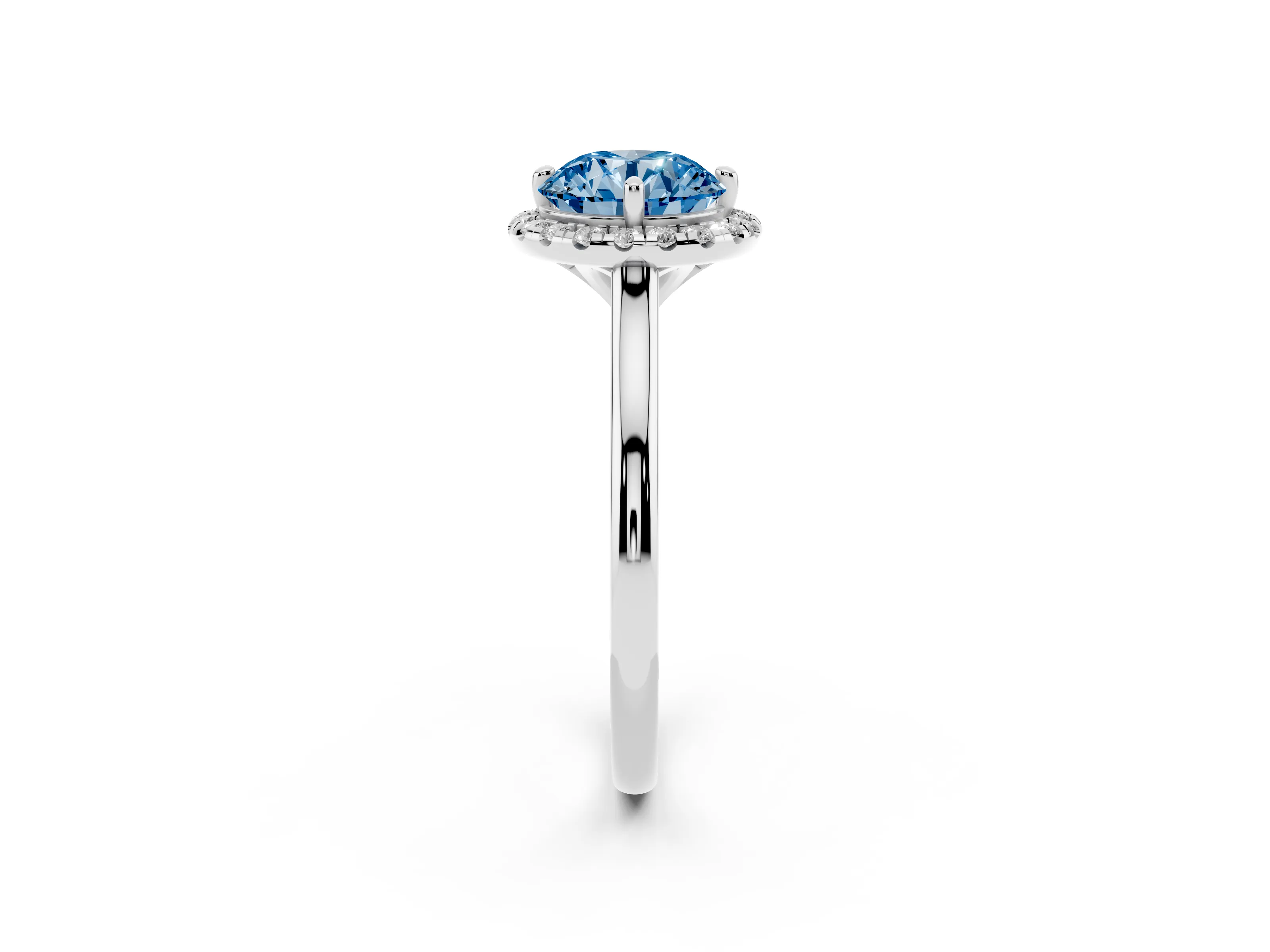 Fancy Blue Round Cut Diamond Halo Engagement Ring Set in Platinum with Pavé Band and Rising Shoulders