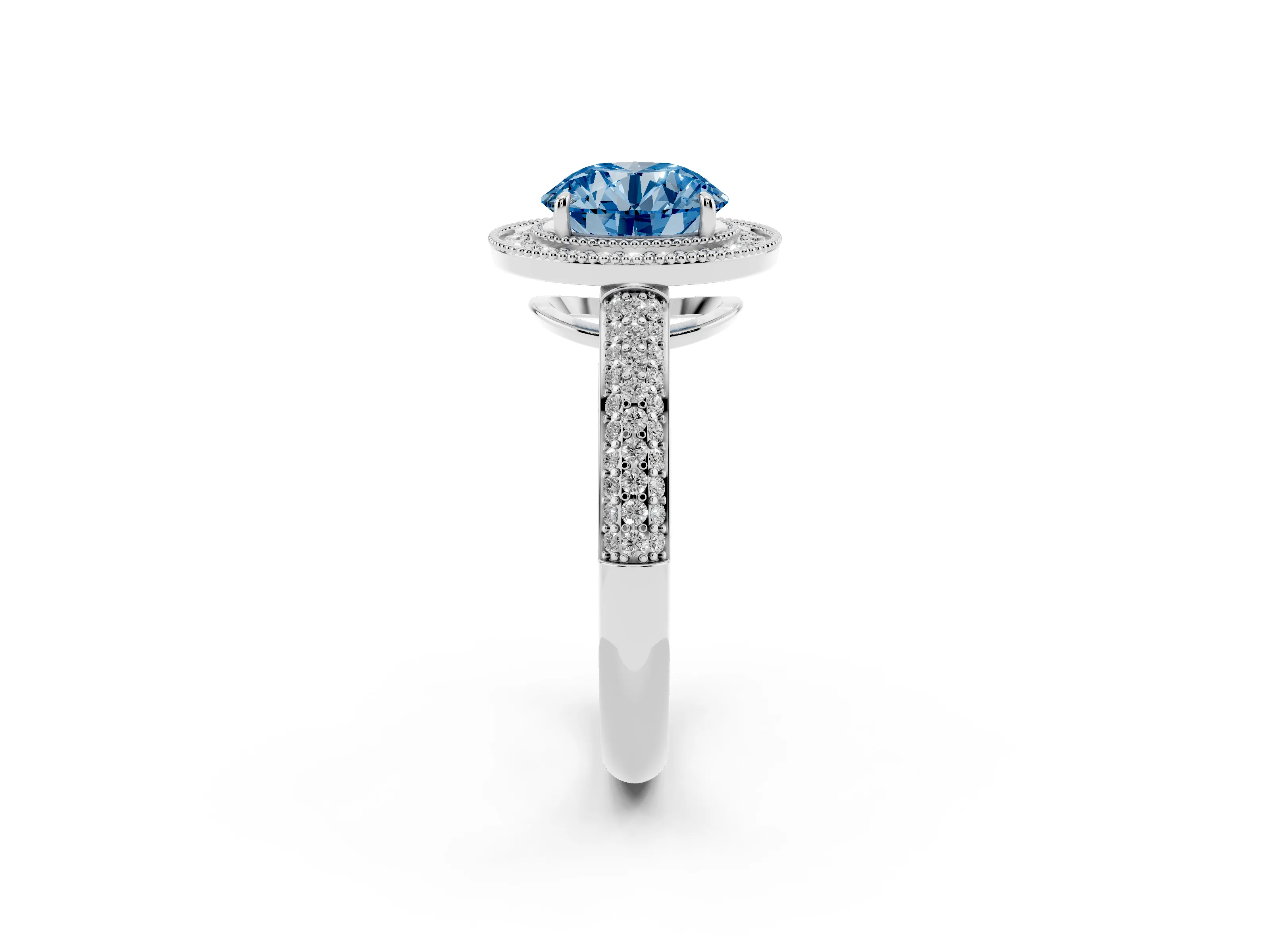 Fancy Blue Round Cut Diamond Halo Pavé Band Set in White gold with Prong Setting