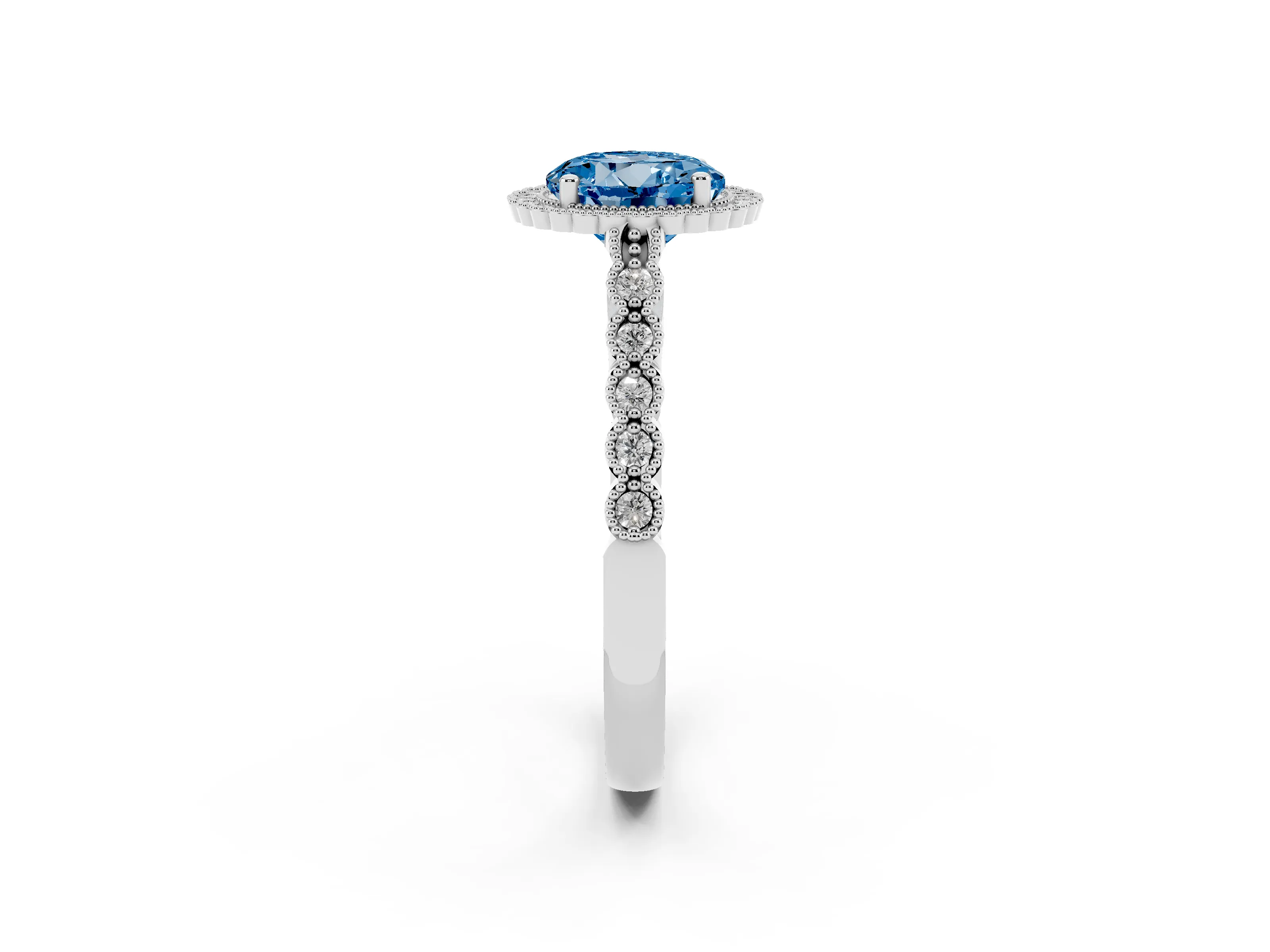 Fancy Blue Round Cut Diamond Halo Ring Set in Platinum with Pavé Milgrain Band