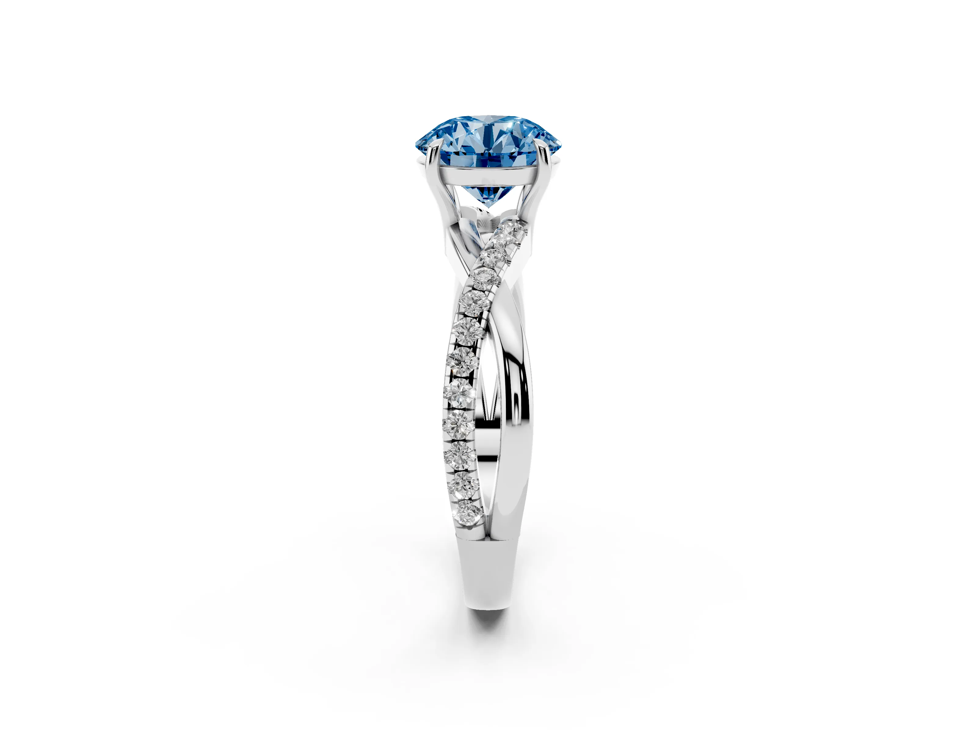 Fancy Blue Round Cut Diamond Twisted Pavé Band Ring Set in Silver with Prong Setting