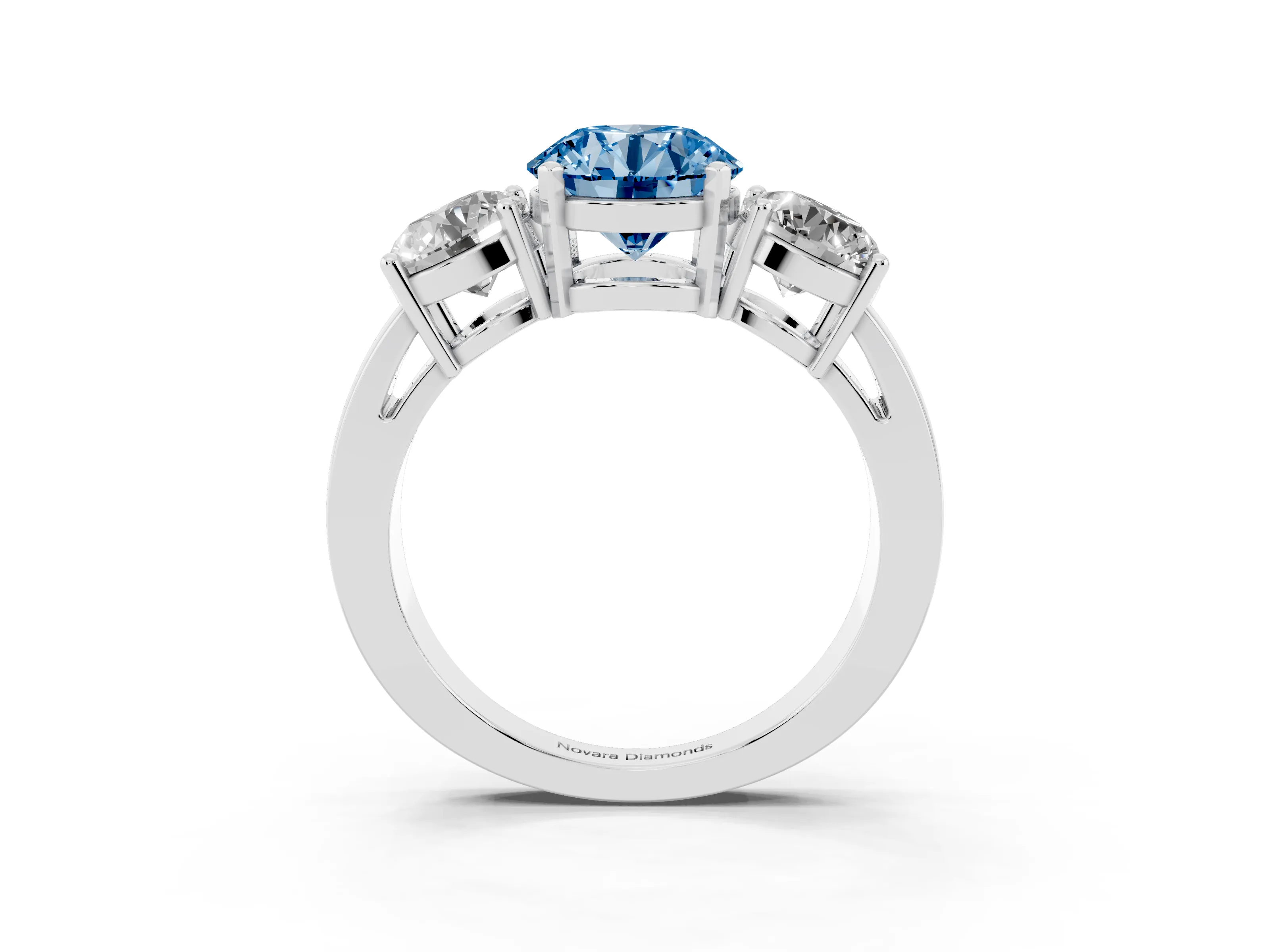 Fancy Blue Round Cut Diamond Three-Stone Ring Set in White gold with Round Side Stones and Classic Band