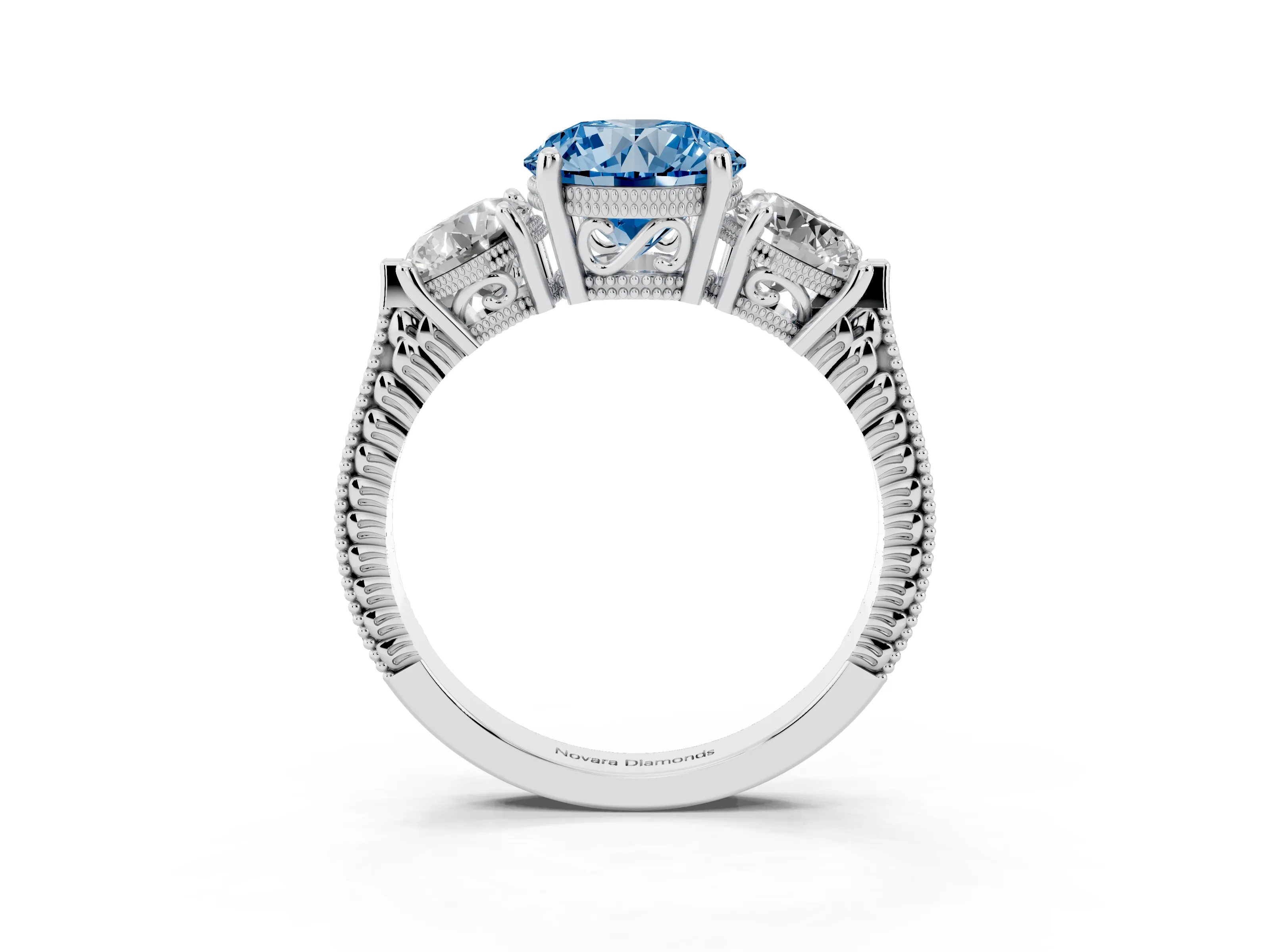 Fancy Blue Round Cut Diamond Three-Stone Ring Set in Silver with Milgrain Band