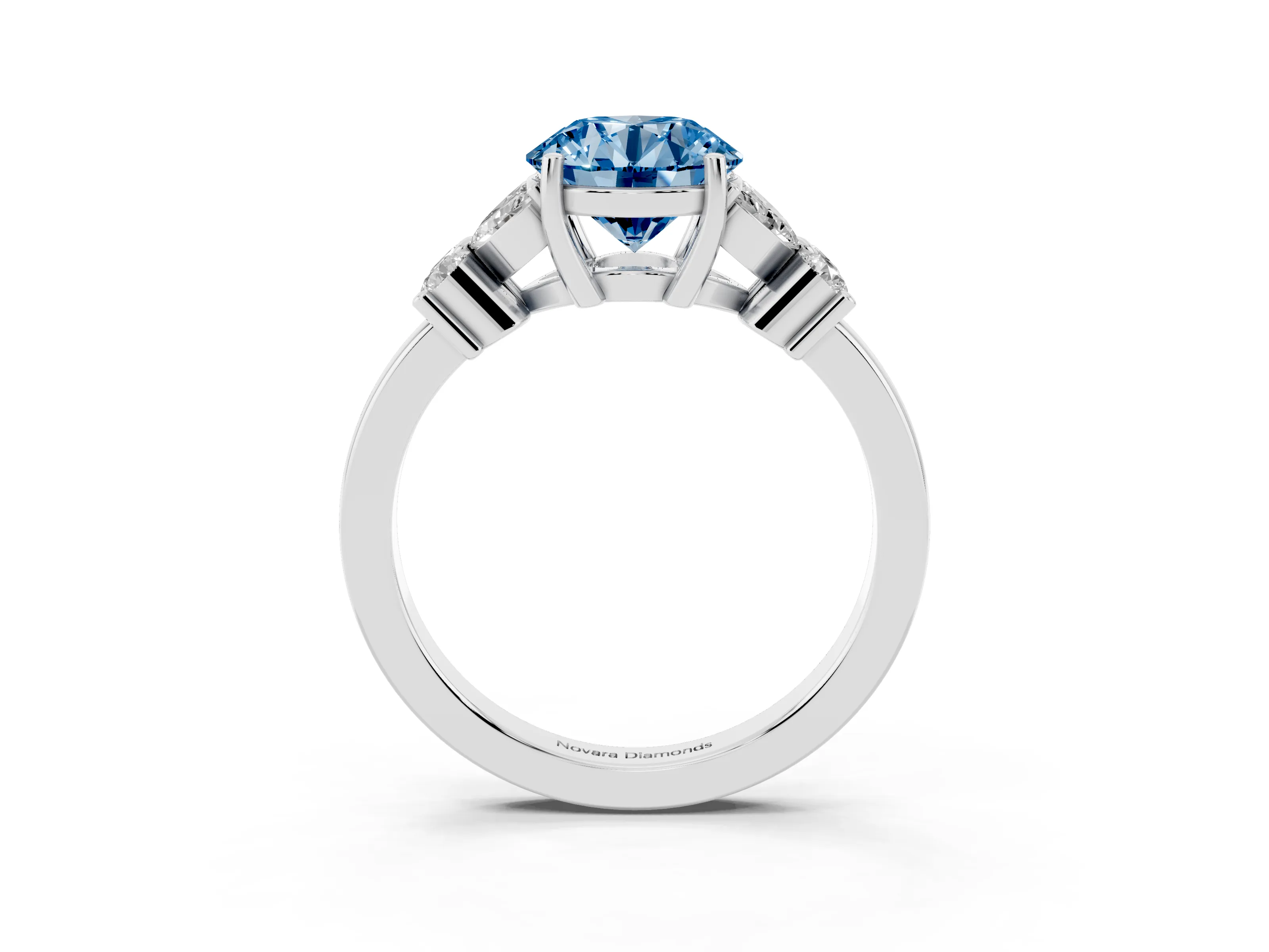 Fancy Blue Round Cut Diamond Floral Cluster Ring Set in White gold with Marquise Petals and Prong Setting