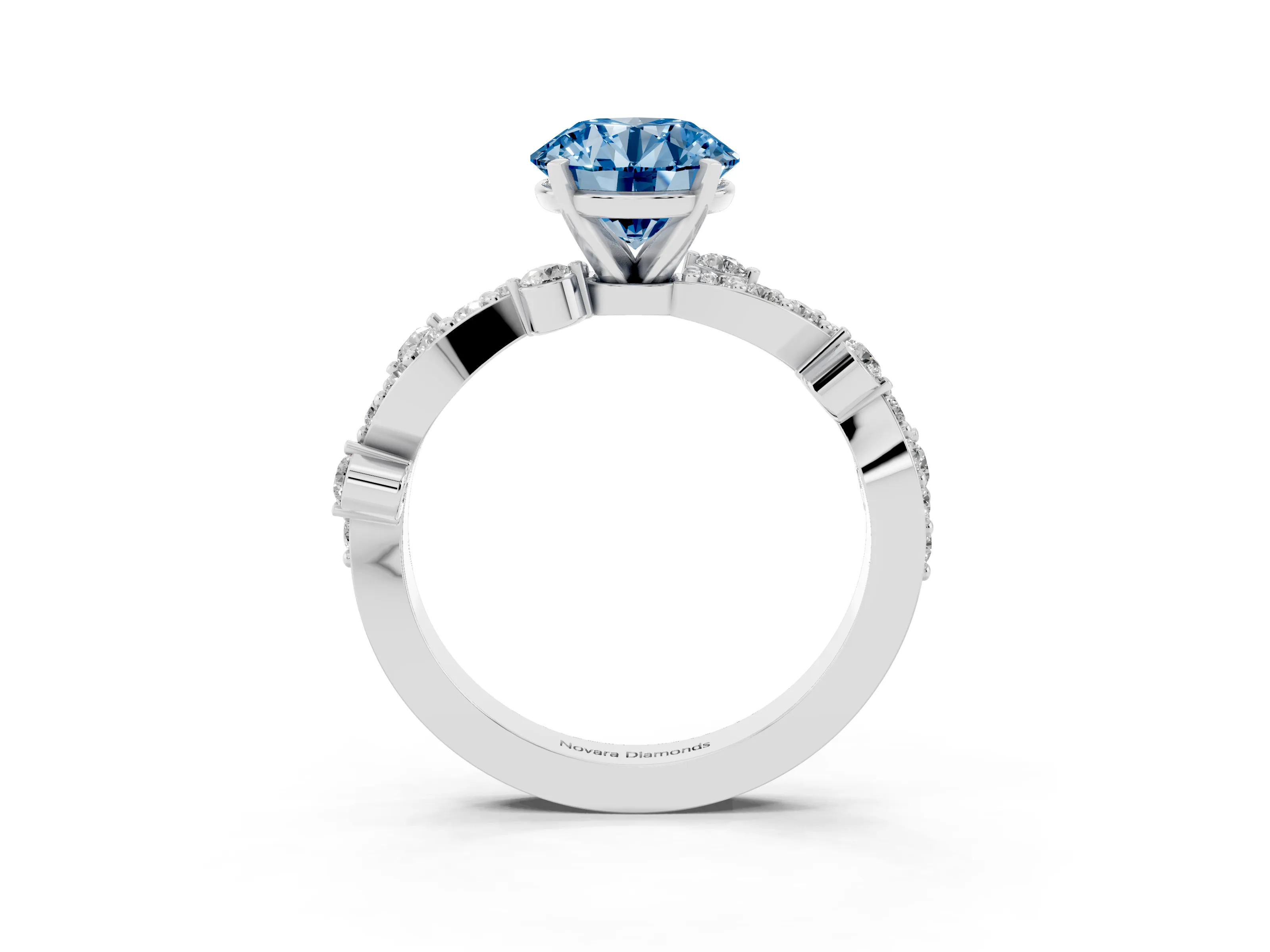Fancy Blue Round Cut Diamond Solitaire Twisted Band Set in Platinum with Pavé Setting